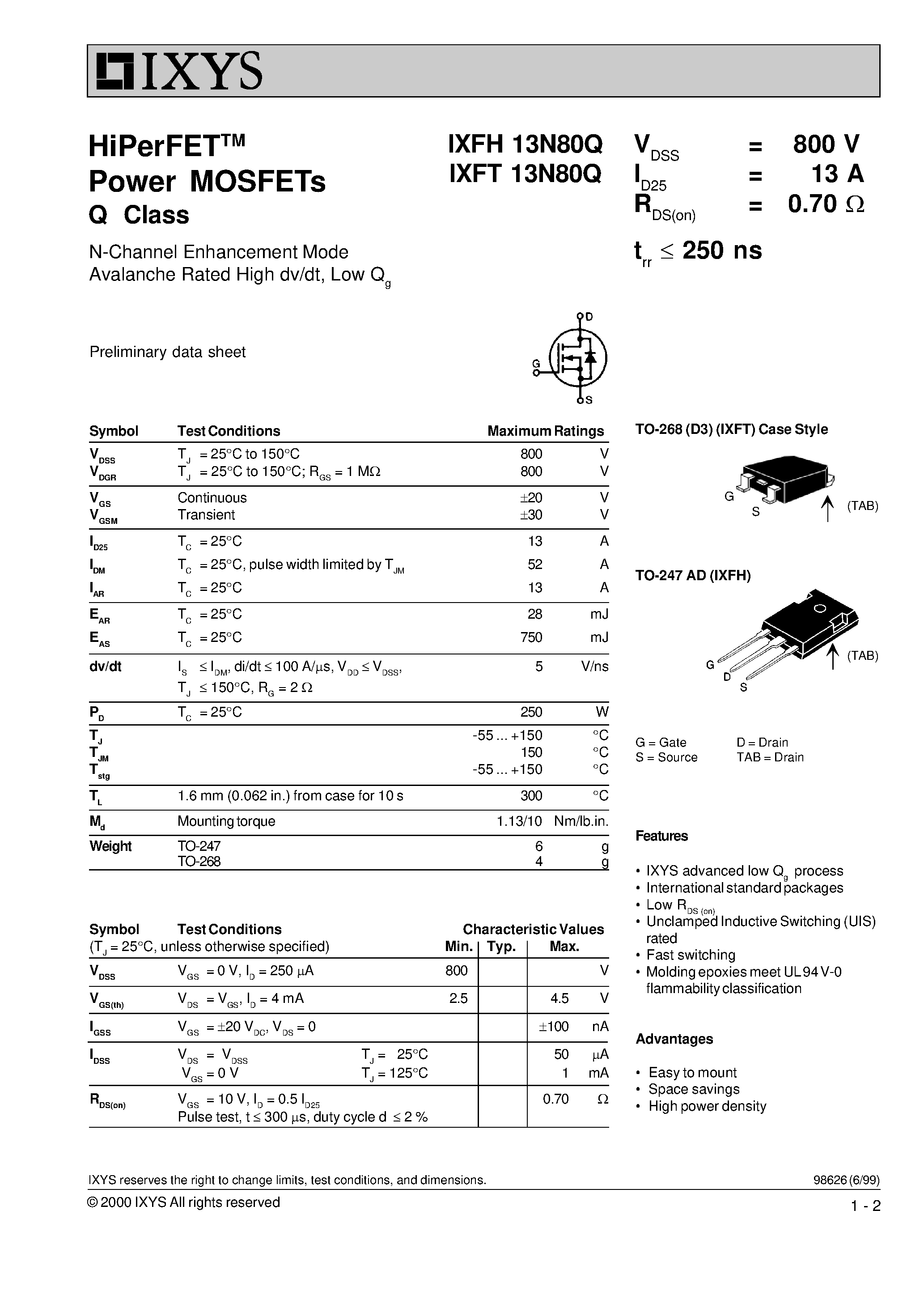 Datasheet IXFT13N80Q - HiPerFET Power MOSFETs Q Class page 1