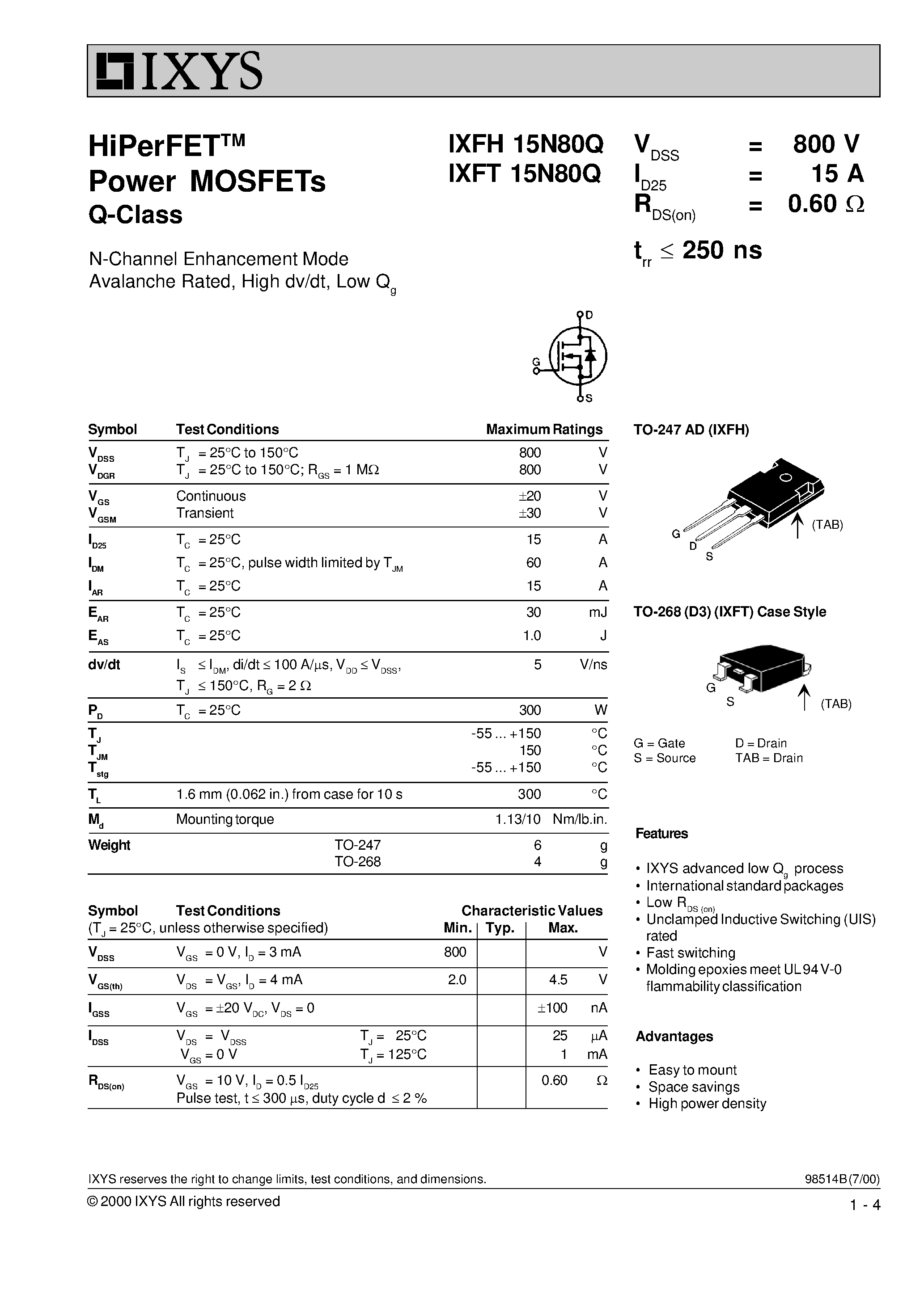 Datasheet IXFT15N80Q page 1 Datasheet IXFT15N80Q - HiPerFET Power MOSFETs Q-Class page 1
