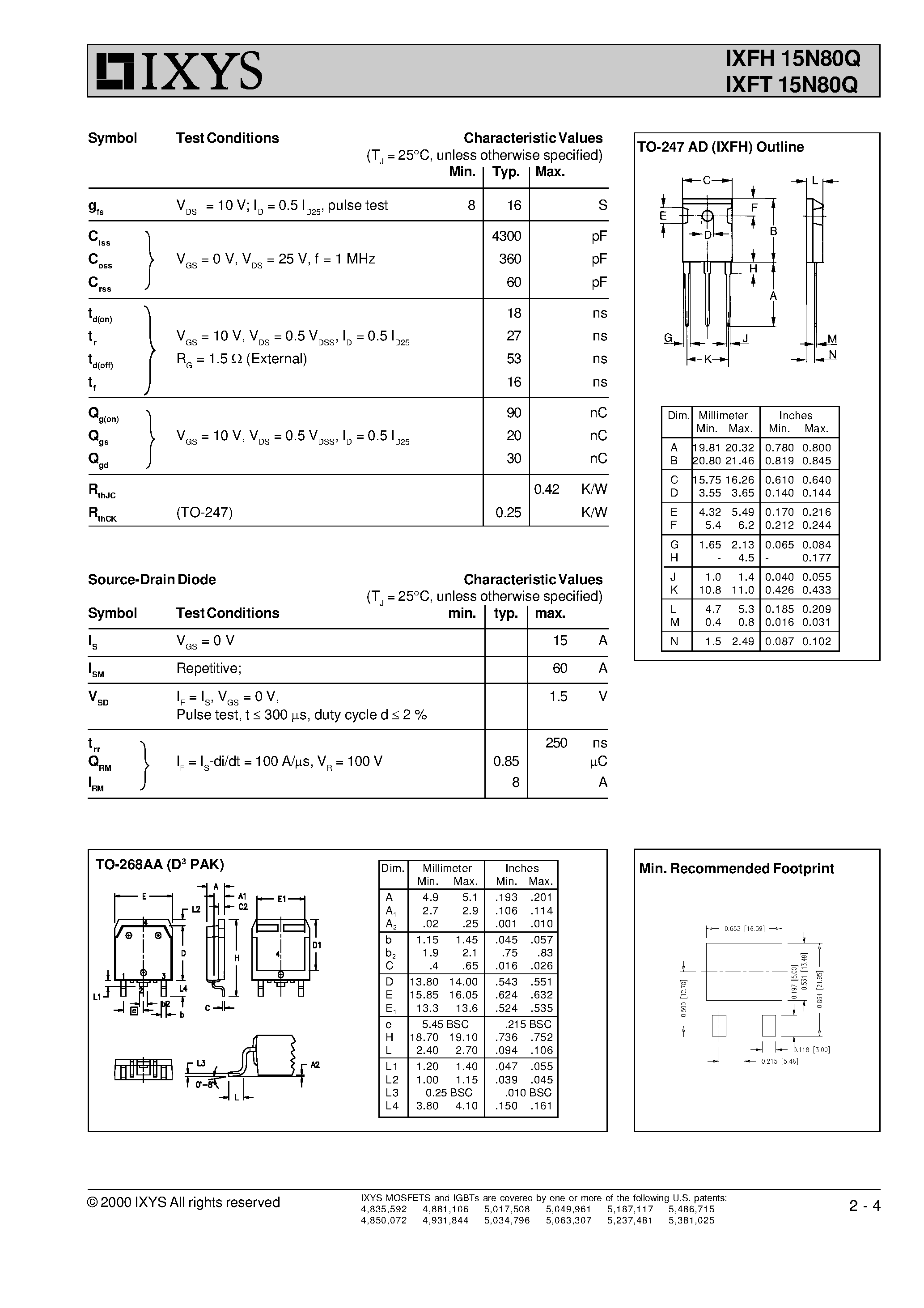 Даташит IXFT15N80Q - HiPerFET Power MOSFETs Q-Class страница 2