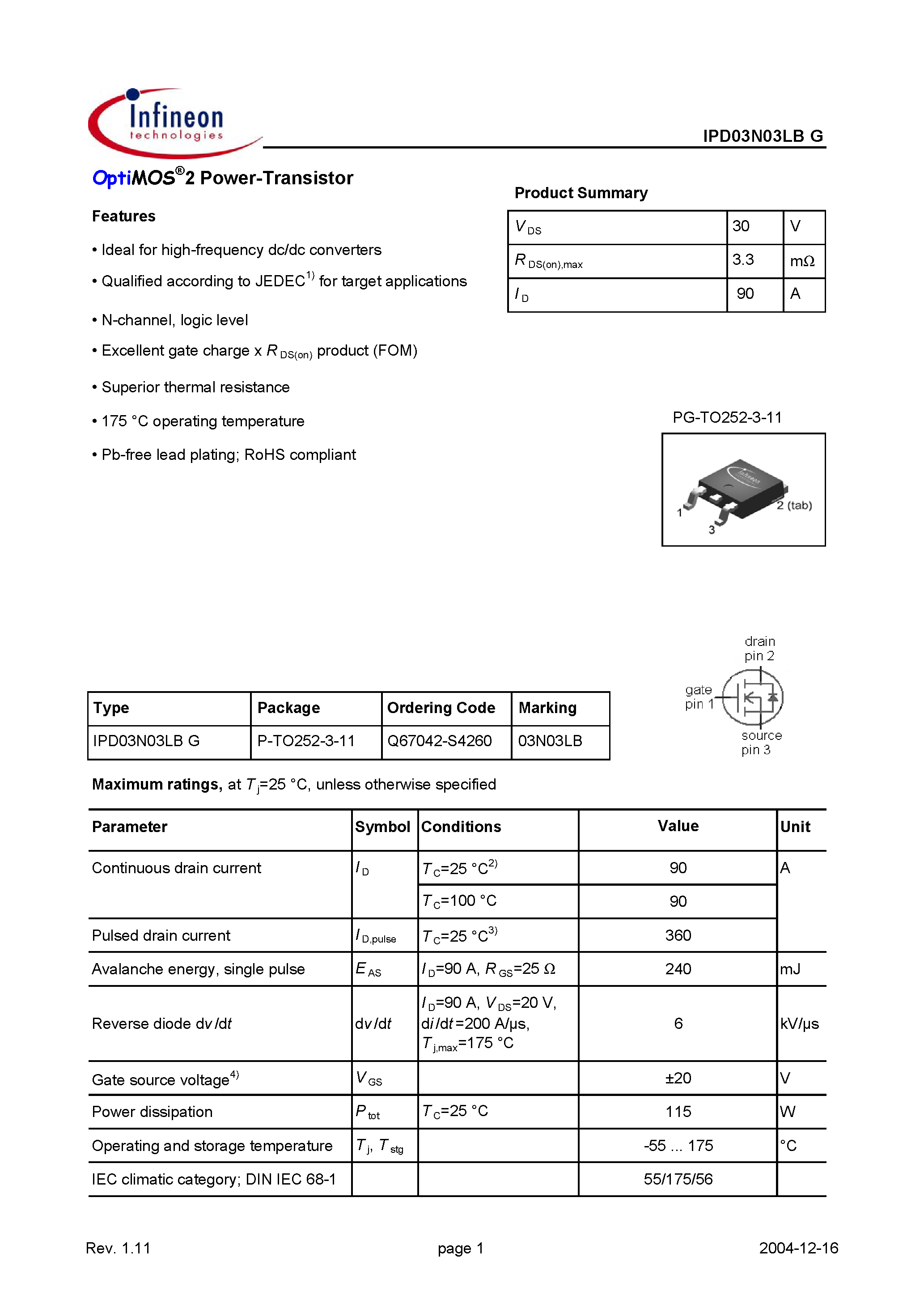 Datasheet IPD03N03LB - OptiMOS 2 Power-Transistor page 1