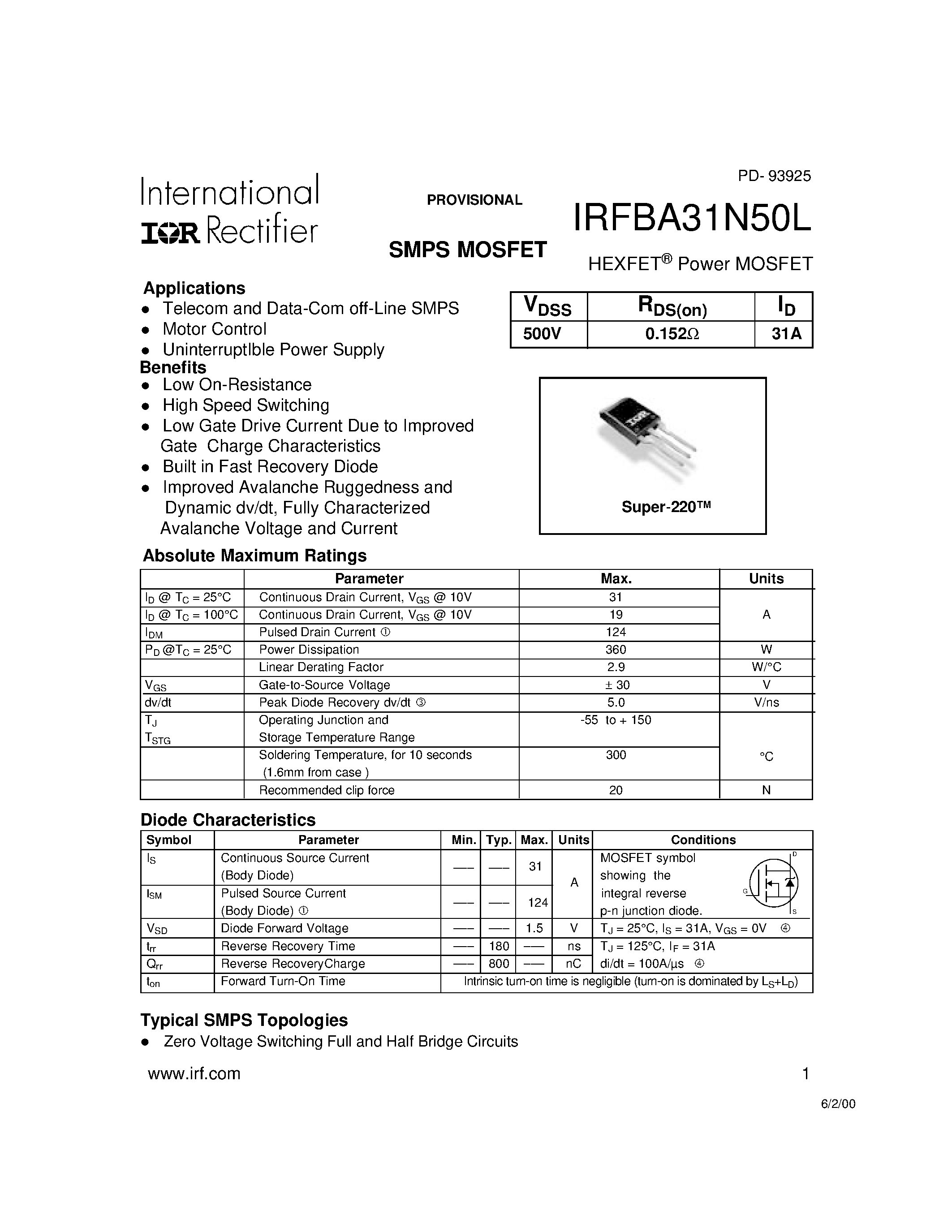 Datasheet IRFBA31N50L - HEXFET Power MOSFET page 1