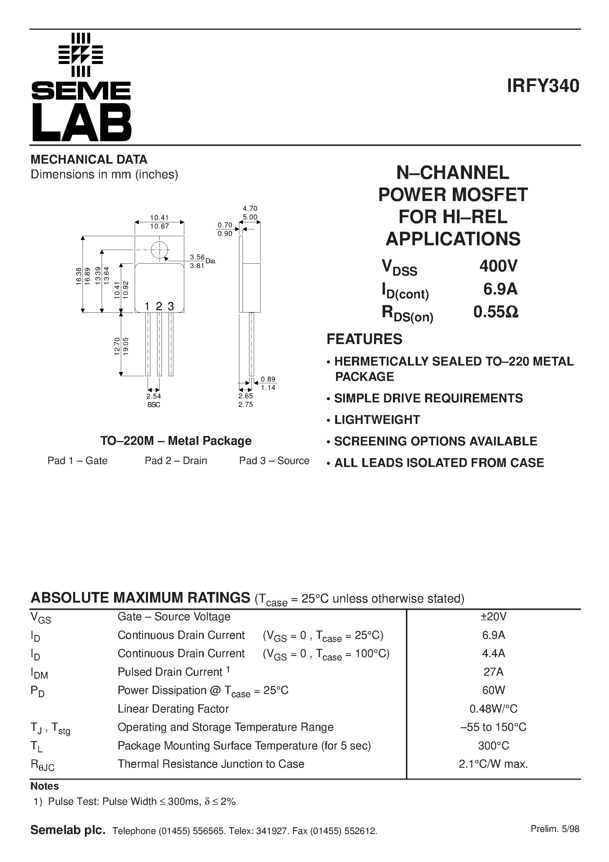 Datasheet IRFY340 page 1 Datasheet IRFY340 - N-CHANNEL POWER MOSFET FOR HI-REL APPLICATIONS page 1