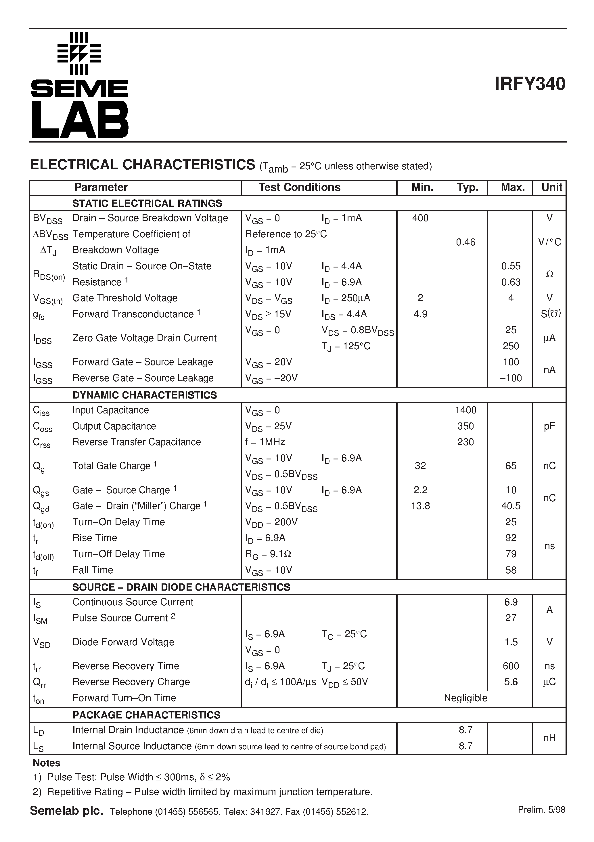 Datasheet IRFY340 page 2 Datasheet IRFY340 - N-CHANNEL POWER MOSFET FOR HI-REL APPLICATIONS page 2