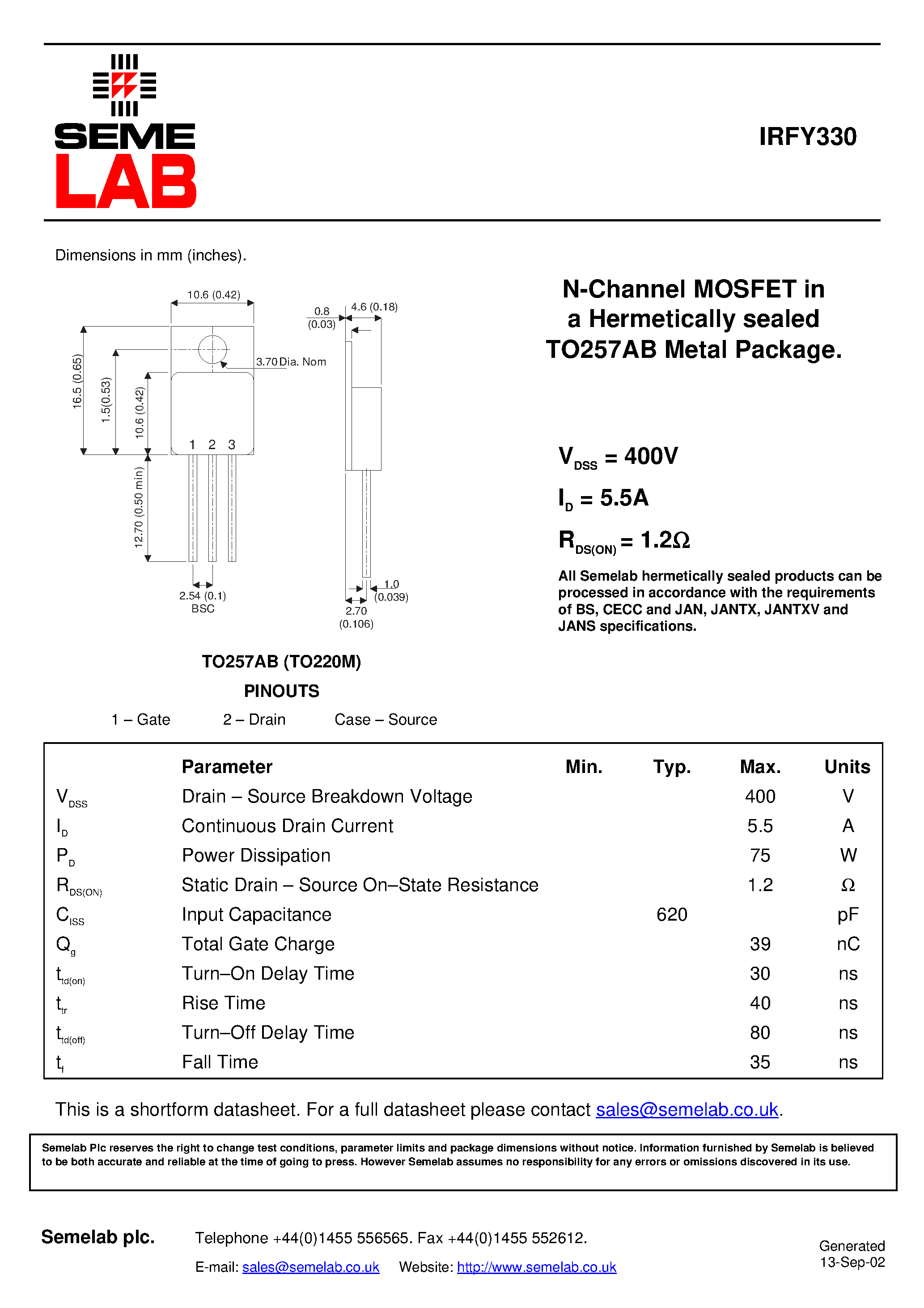 Datasheet IRFY330 page 1 Datasheet IRFY330 - N-Channel MOSFET in a Hermetically sealed TO257AB Metal Package page 1