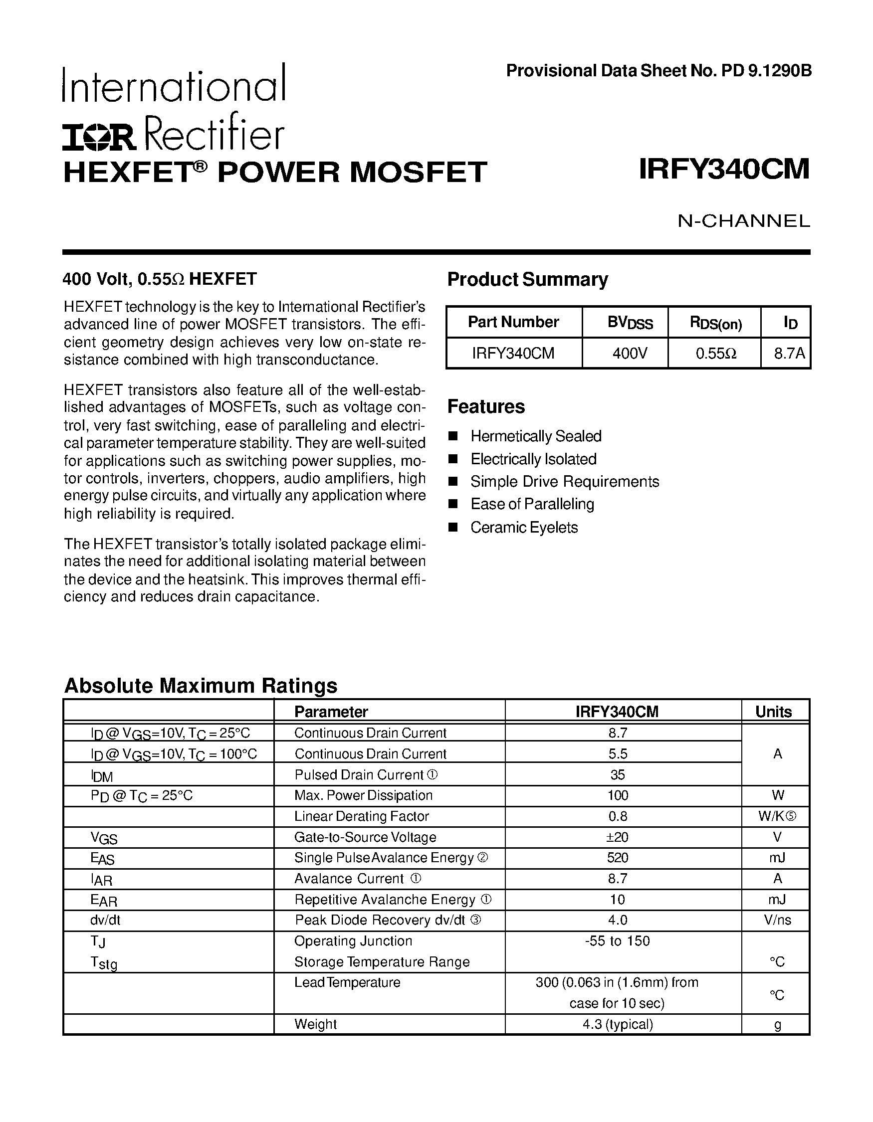 Datasheet IRFY340CM - POWER MOSFET N-CHANNEL page 1