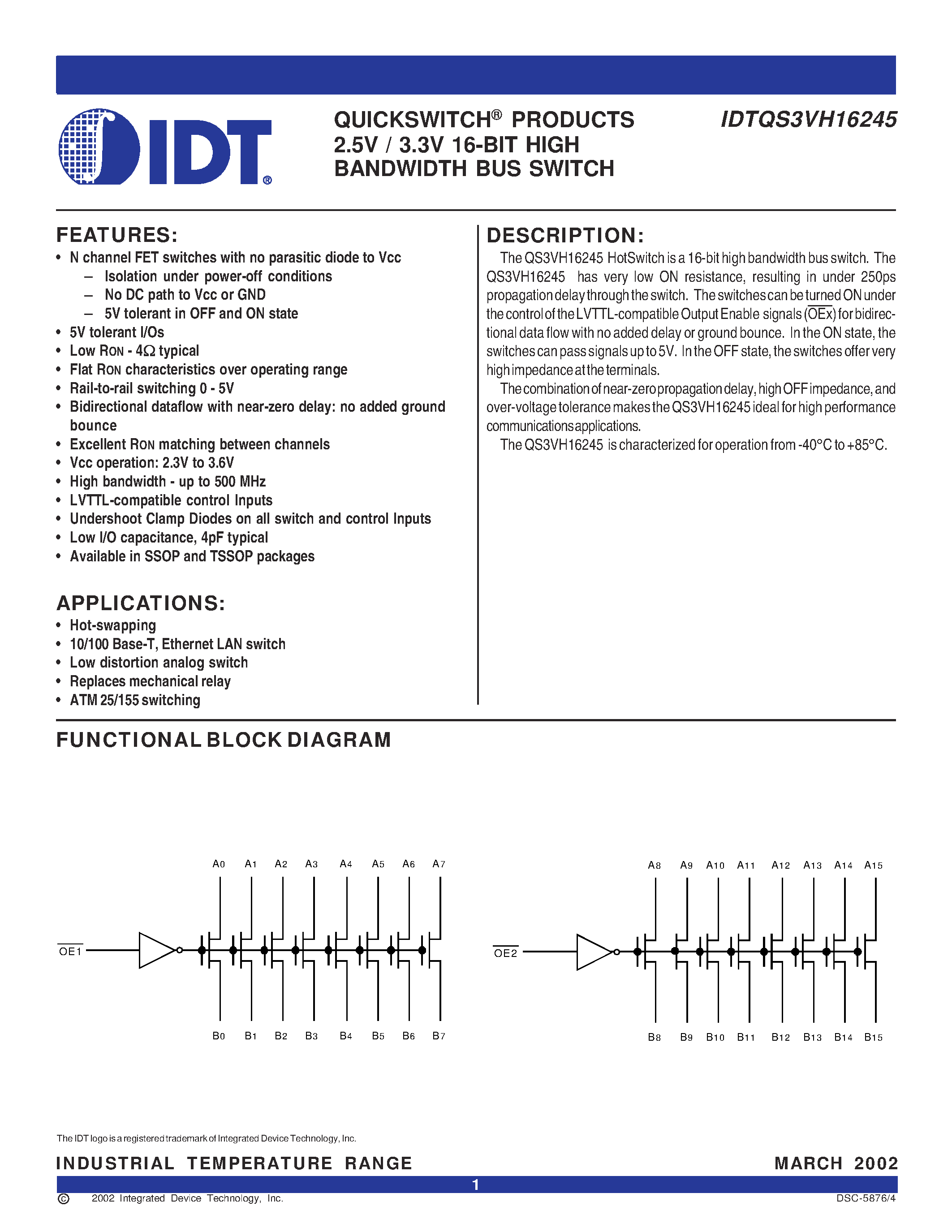 Datasheet IDTQS3VH16245 - QUICKSWITCH PRODUCTS 2.5V / 3.3V 16-BIT HIGH BANDWIDTH BUS SWITCH page 1