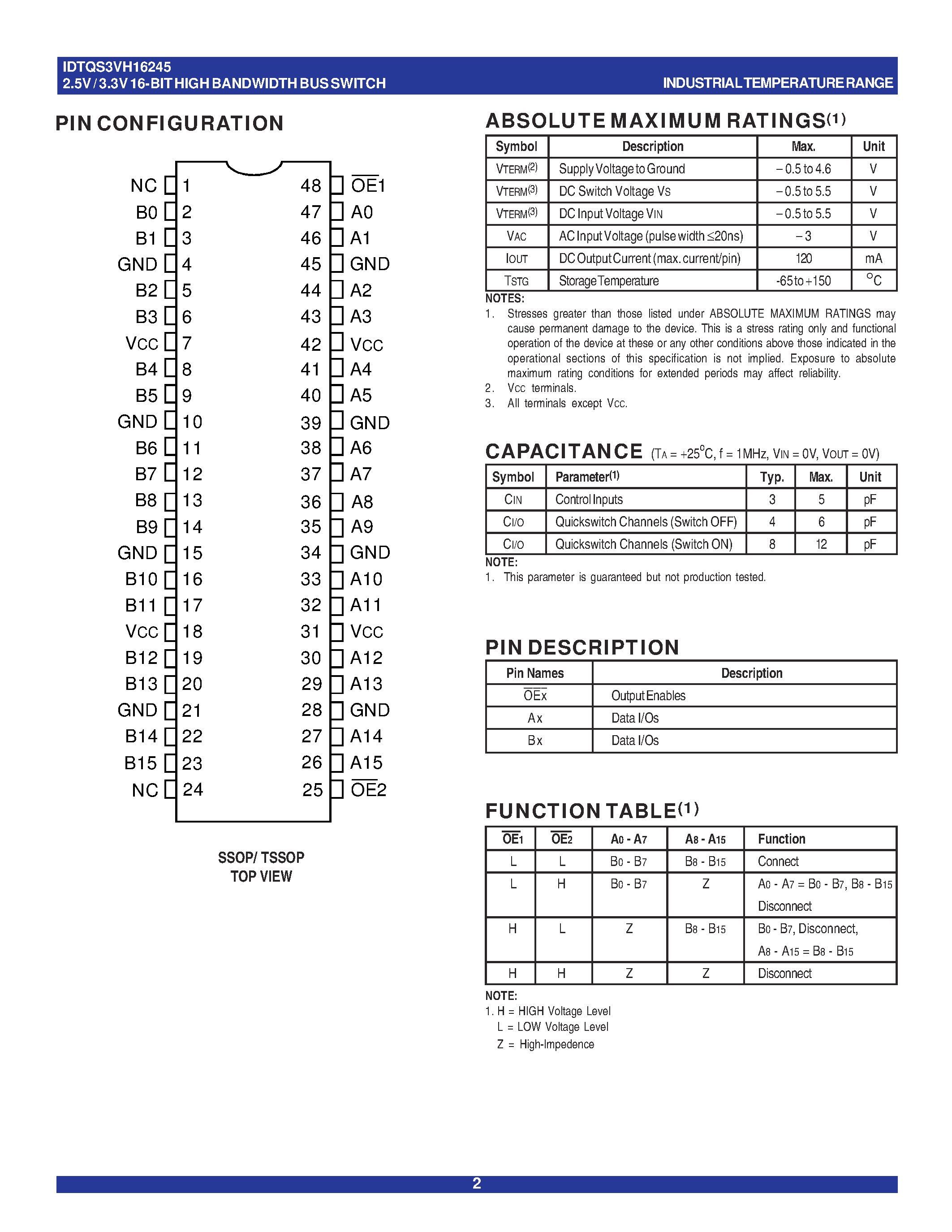 Datasheet IDTQS3VH16245 - QUICKSWITCH PRODUCTS 2.5V / 3.3V 16-BIT HIGH BANDWIDTH BUS SWITCH page 2