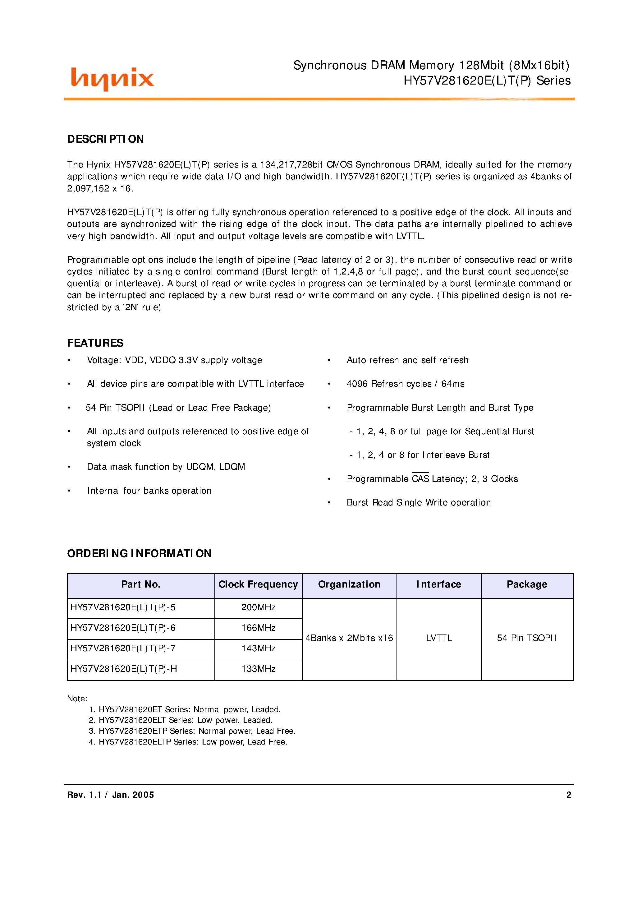 Datasheet HY57V281620ELT page 2 Datasheet HY57V281620ELT - 128Mb Synchronous DRAM based on 2M x 4Bank x16 I/O page 2