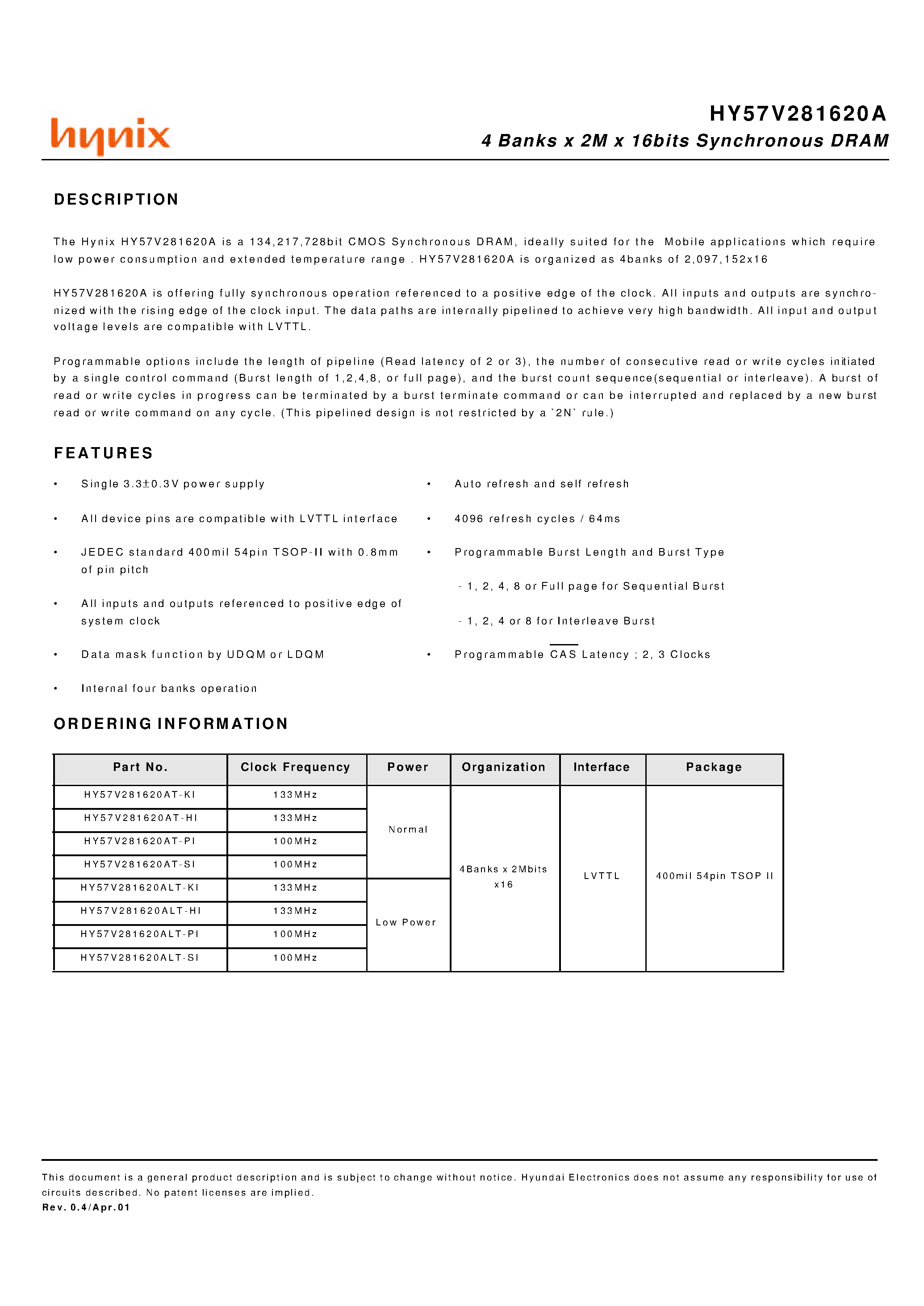 Datasheet HY57V281620A - 4 Banks x 2M x 16bits Synchronous DRAM page 1
