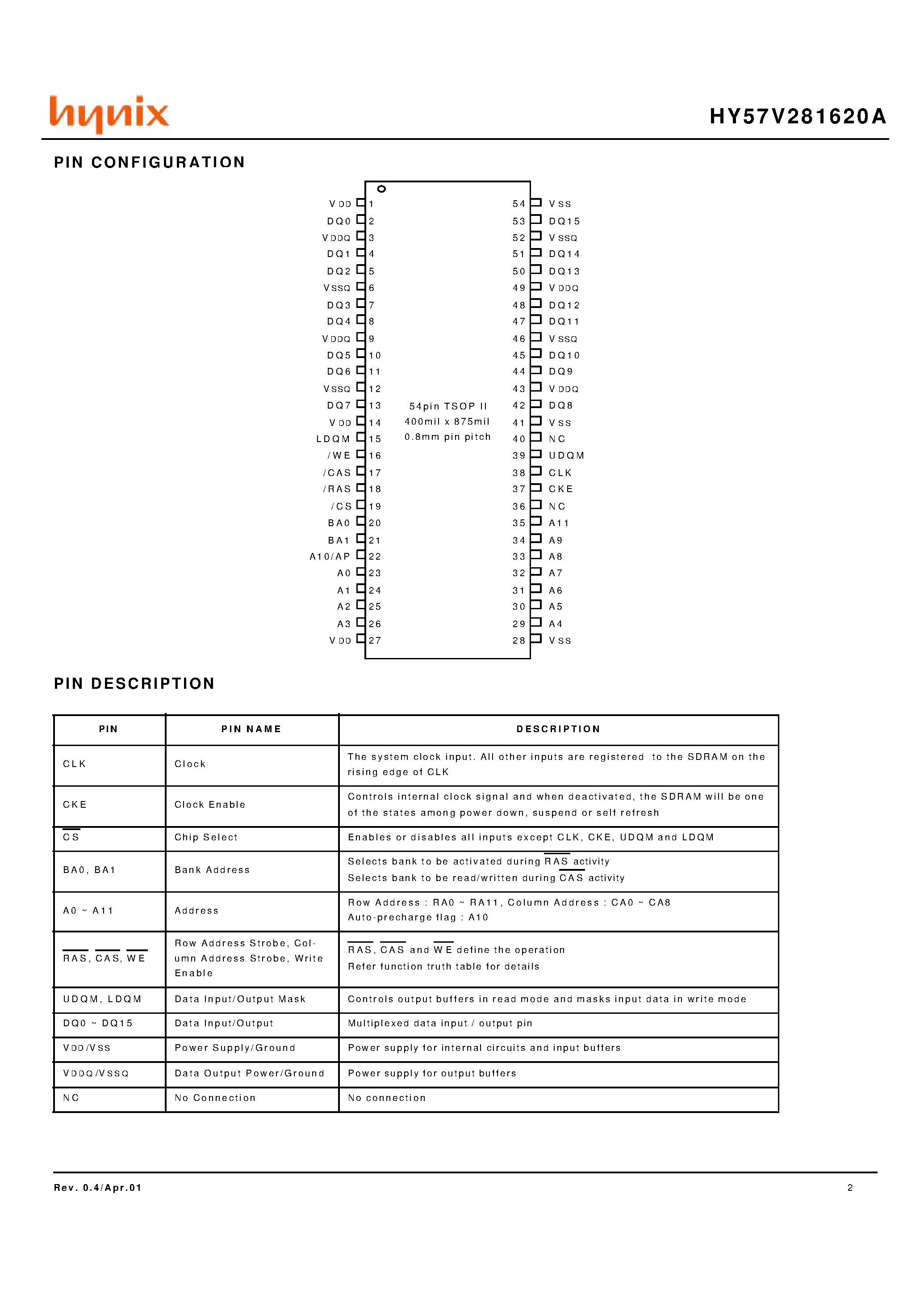 Datasheet HY57V281620A - 4 Banks x 2M x 16bits Synchronous DRAM page 2