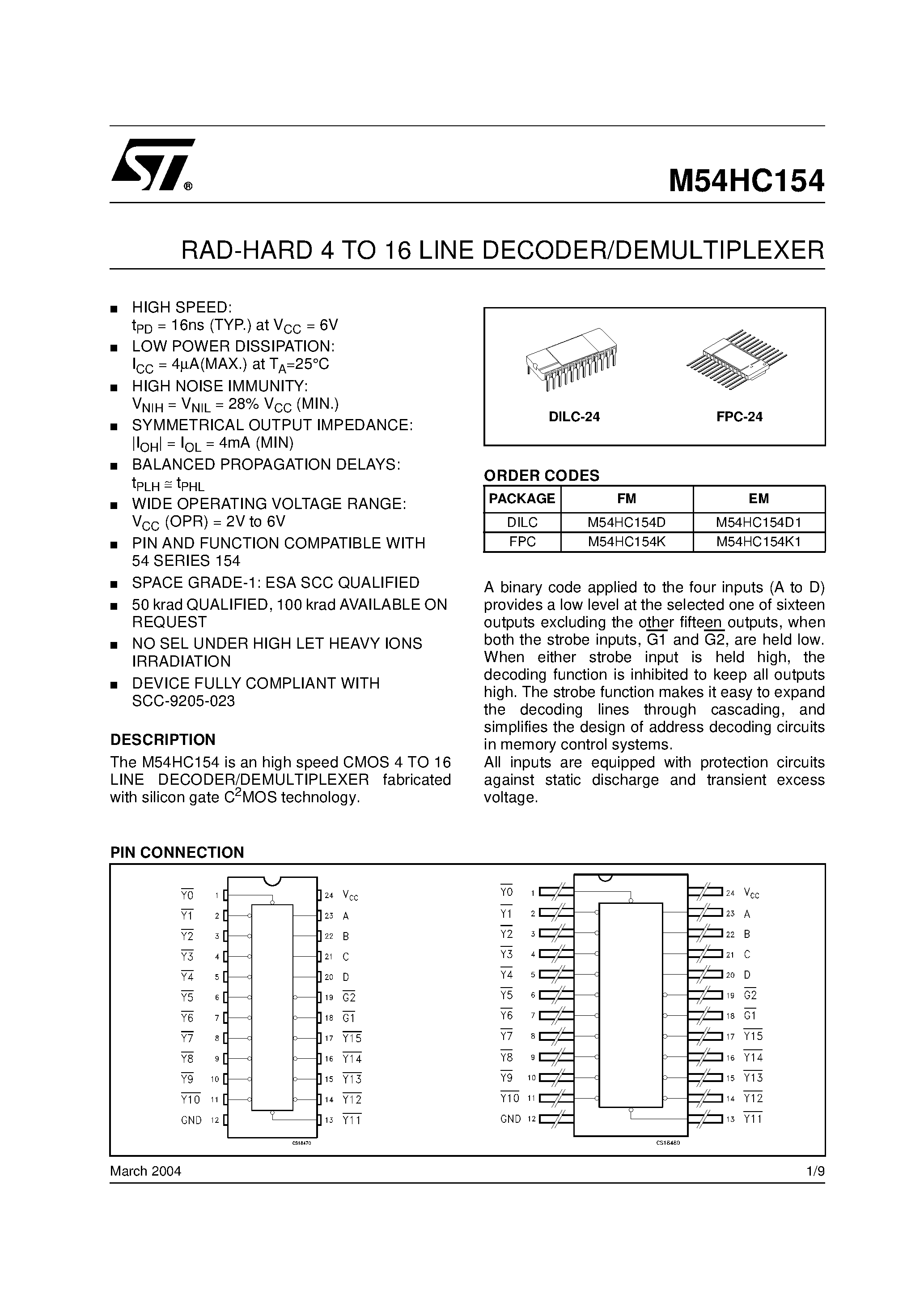 Datasheet M54HC154 - RAD-HARD 4 TO 16 LINE DECODER/DEMULTIPLEXER page 1