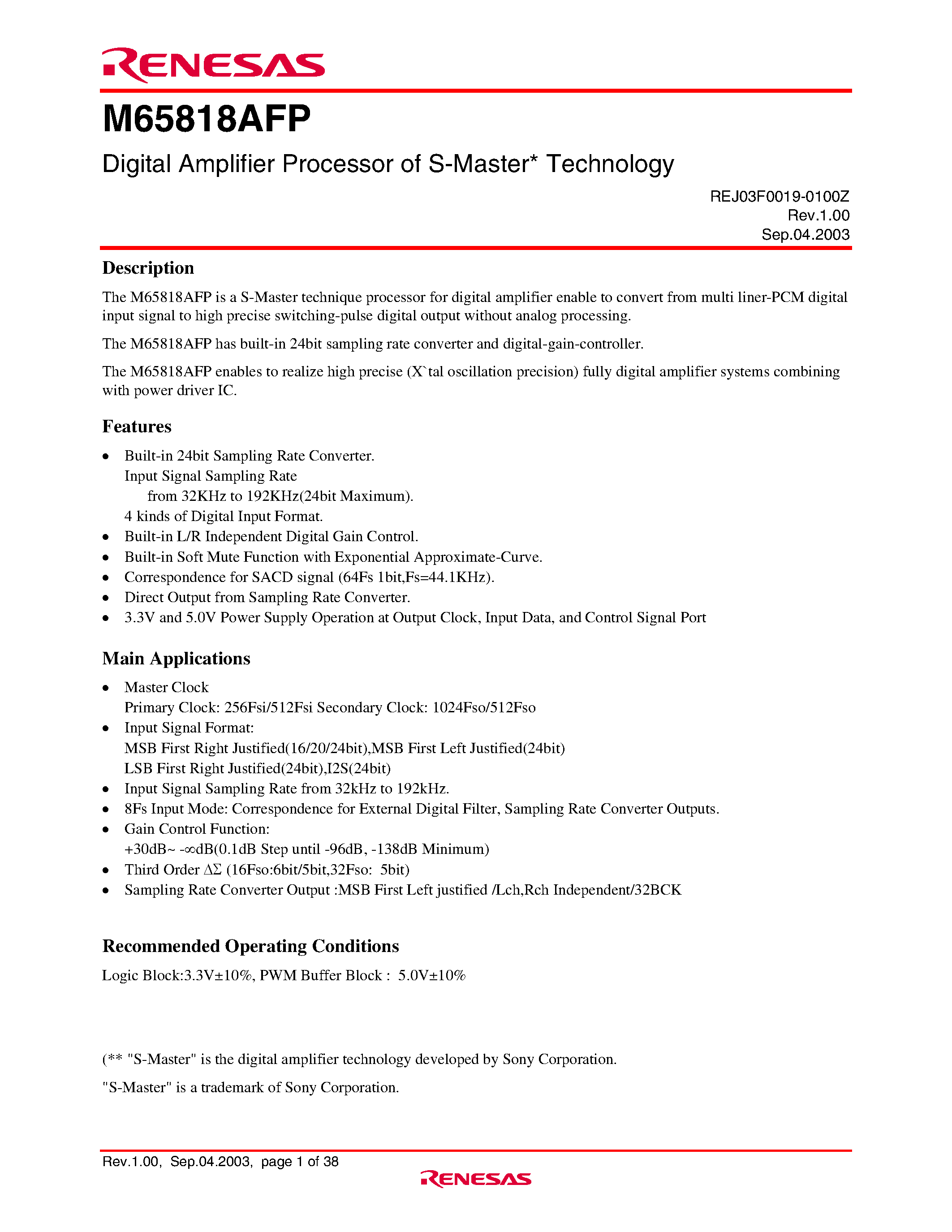 Datasheet M65818AFP - Digital Amplifier Processor of S-Master Technology page 1