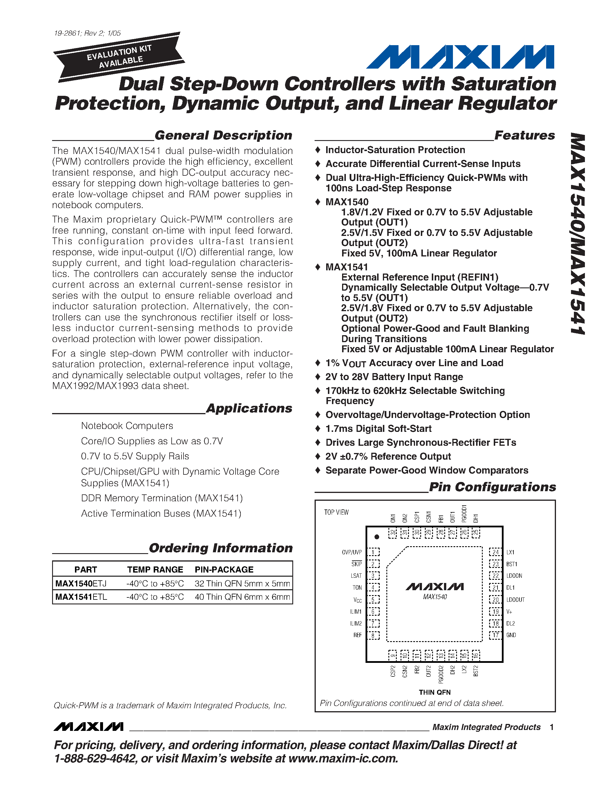 Datasheet MAX1540 - (MAX1540 / MAX1541) Dual Step-Down Controllers with Saturation Protection / Dynamic Output and Linear Regulator page 1