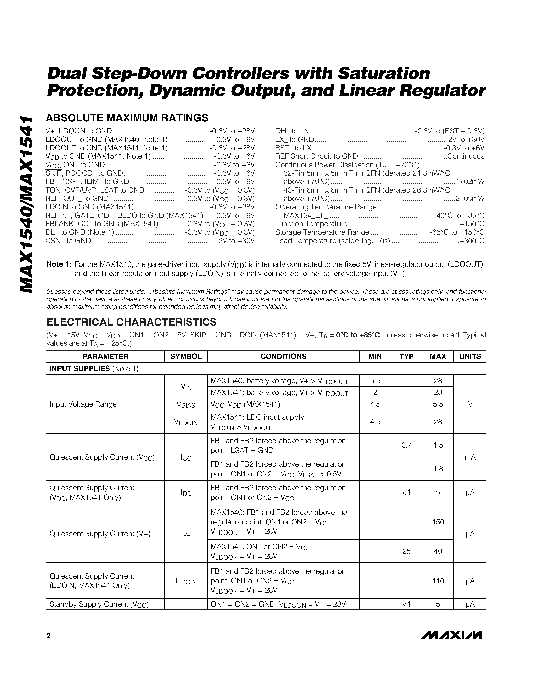 Datasheet MAX1540 - (MAX1540 / MAX1541) Dual Step-Down Controllers with Saturation Protection / Dynamic Output and Linear Regulator page 2