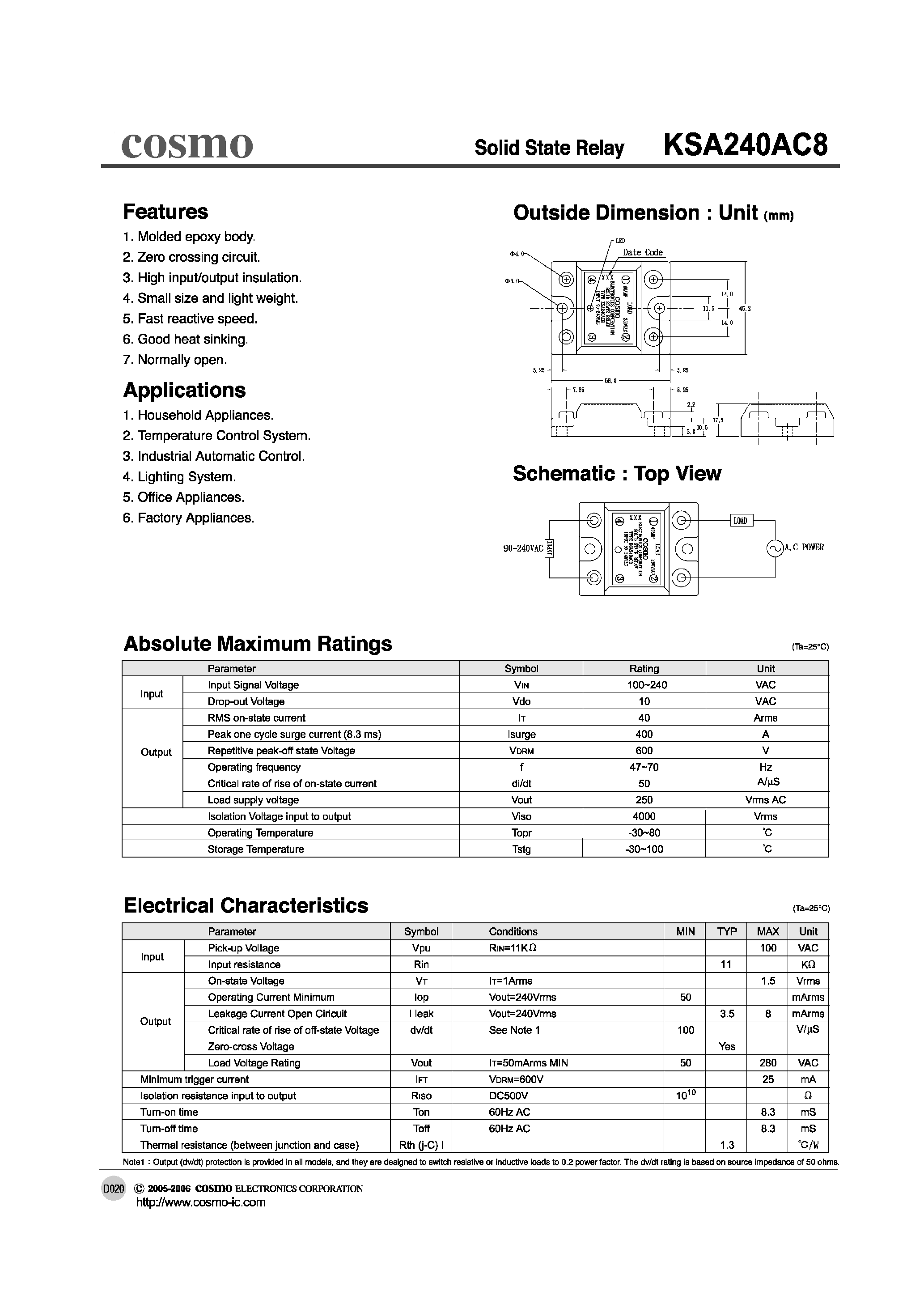 Даташит KSA240AC8 - Solid State Relay страница 1