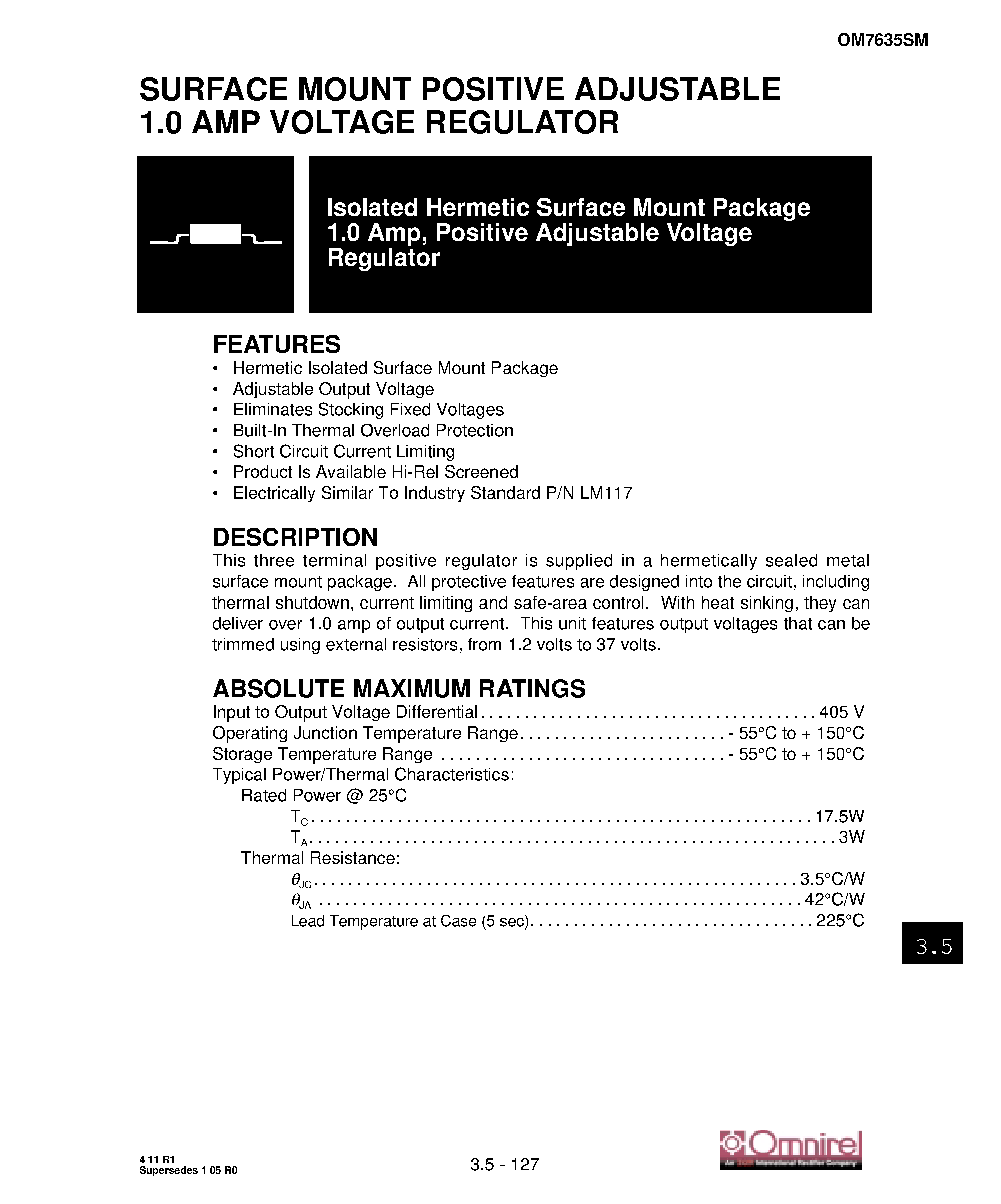 Datasheet OM7635SM - SURFACE MOUNT POSITIVE ADJUSTABLE 1.0 AMP VOLTAGE REGULATOR page 1