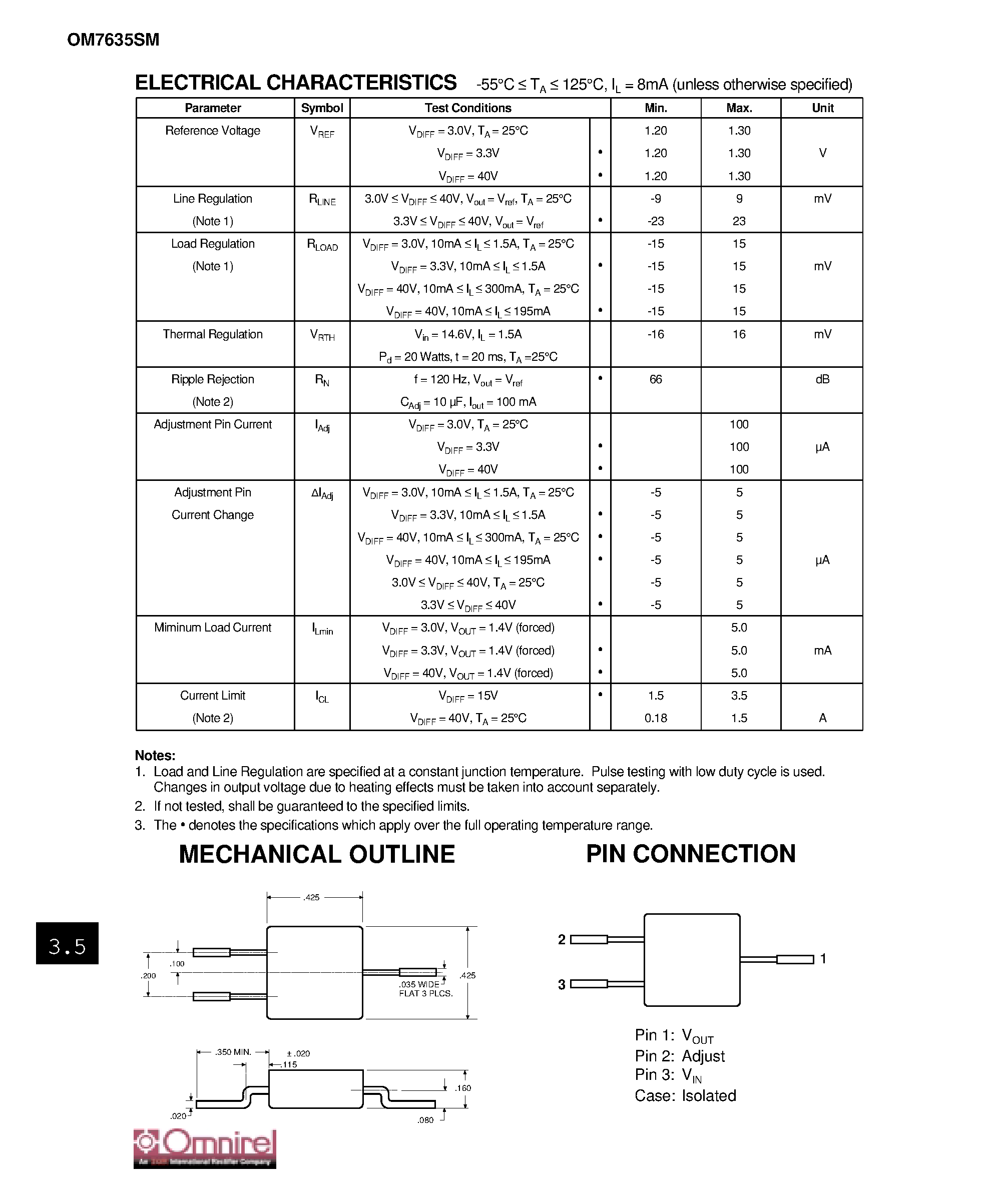 Datasheet OM7635SM - SURFACE MOUNT POSITIVE ADJUSTABLE 1.0 AMP VOLTAGE REGULATOR page 2