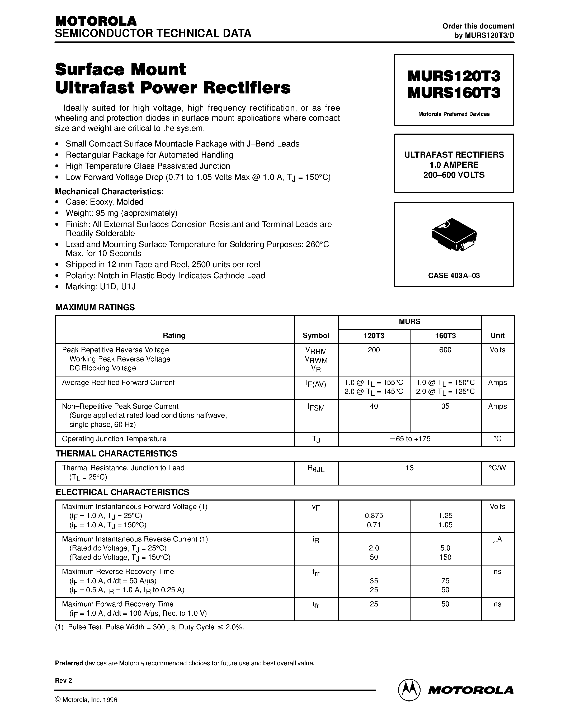 Datasheet MURS120T3 - (MURS120T3 / MURS160T3) ULTRAFAST RECTIFIERS 1.0 AMPERE 200-600 VOLTS page 1