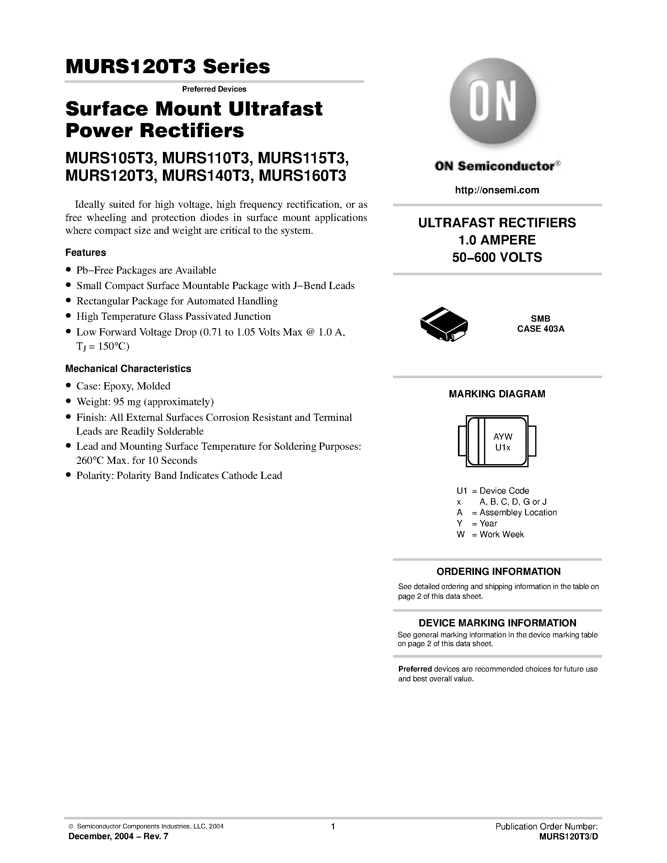 Datasheet MURS120T3 page 1 Datasheet MURS120T3 - Surface Mount Ultrafast Power Rectifiers page 1