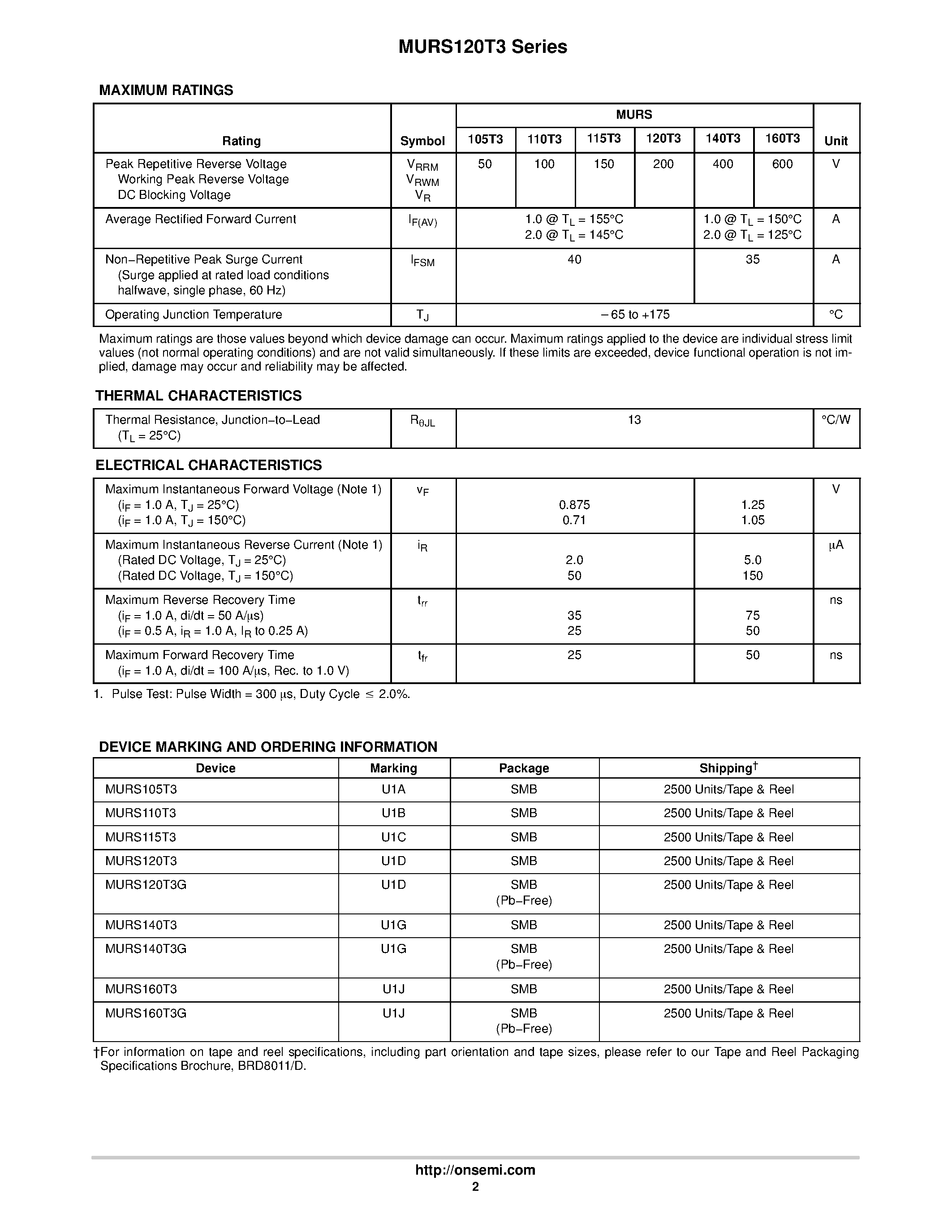 Datasheet MURS120T3 page 2 Datasheet MURS120T3 - Surface Mount Ultrafast Power Rectifiers page 2