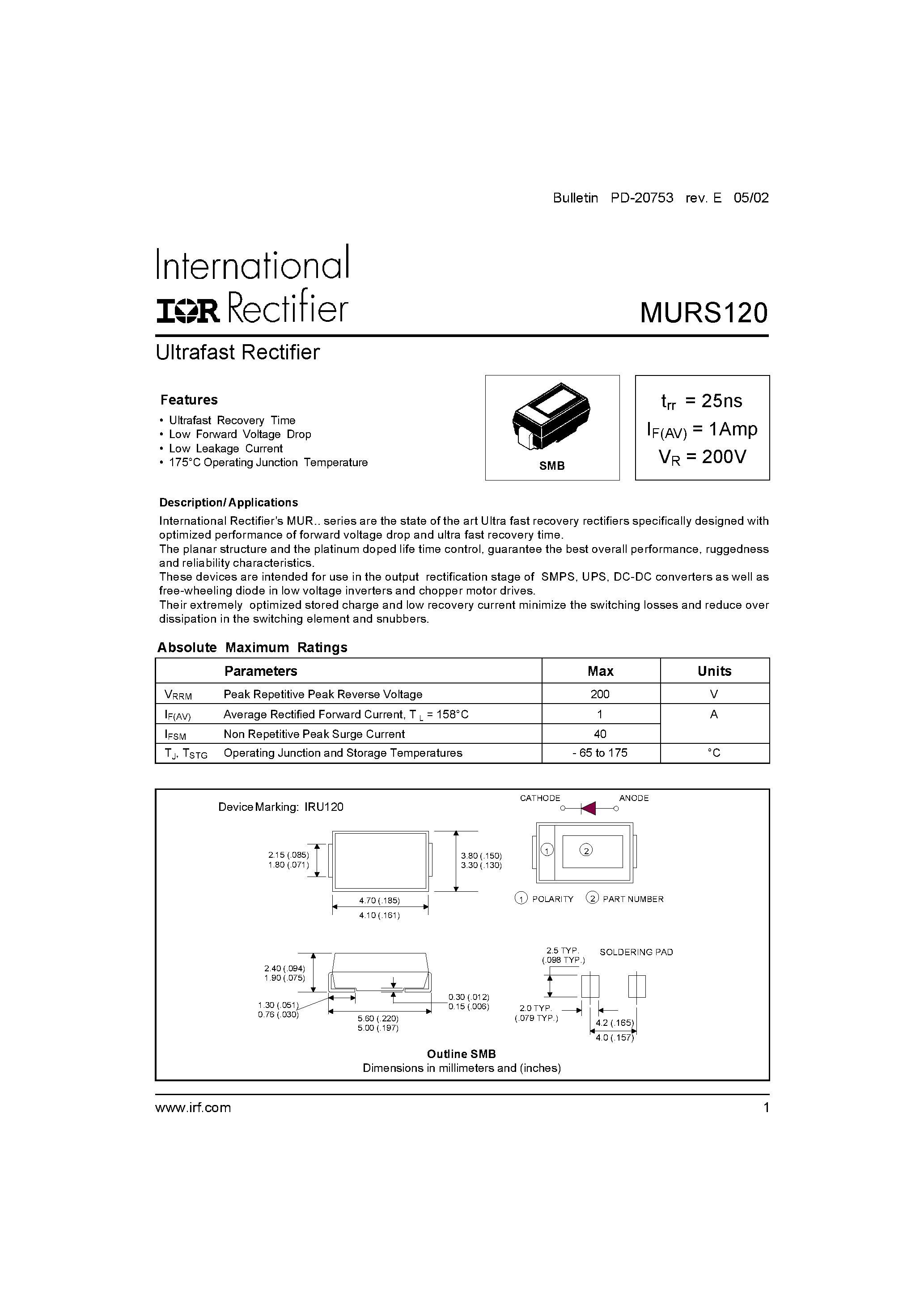 Datasheet MURS120 - Ultrafast Rectifier page 1