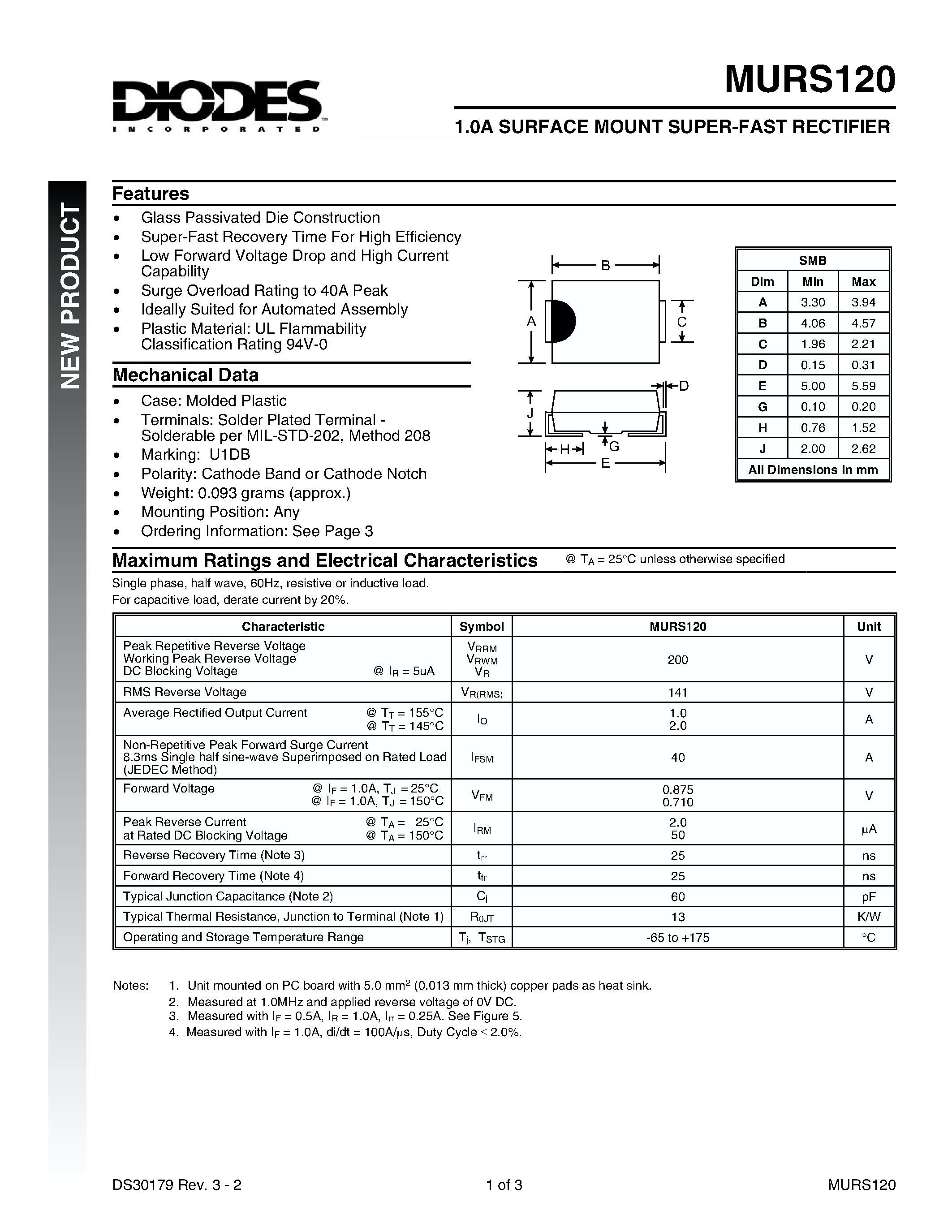 Datasheet MURS120 - 1.0A SURFACE MOUNT SUPER-FAST RECTIFIER page 1