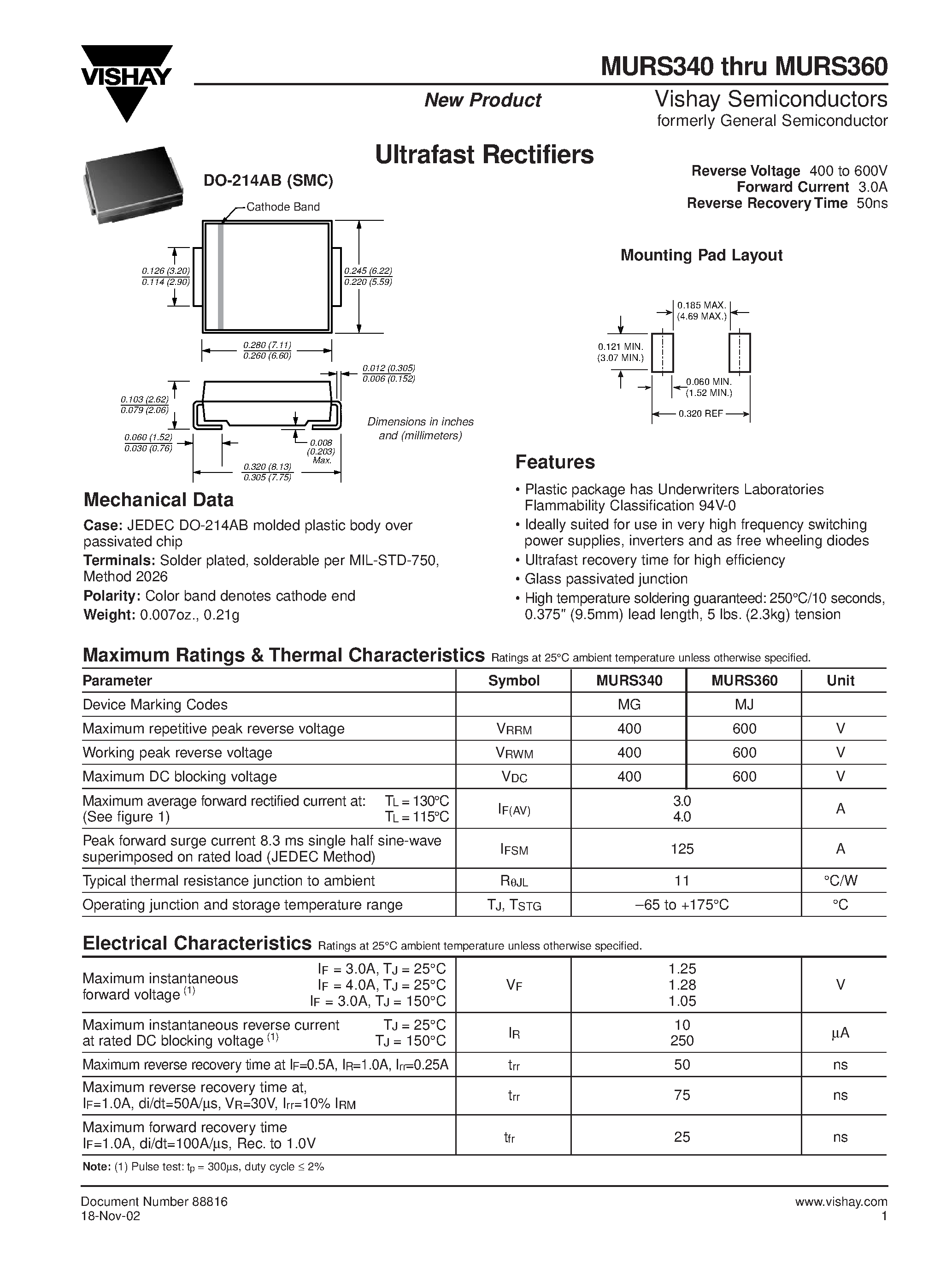 Datasheet MURS340 page 1 Datasheet MURS340 - (MURS340 - MURS360) Ultrafast Rectifiers page 1