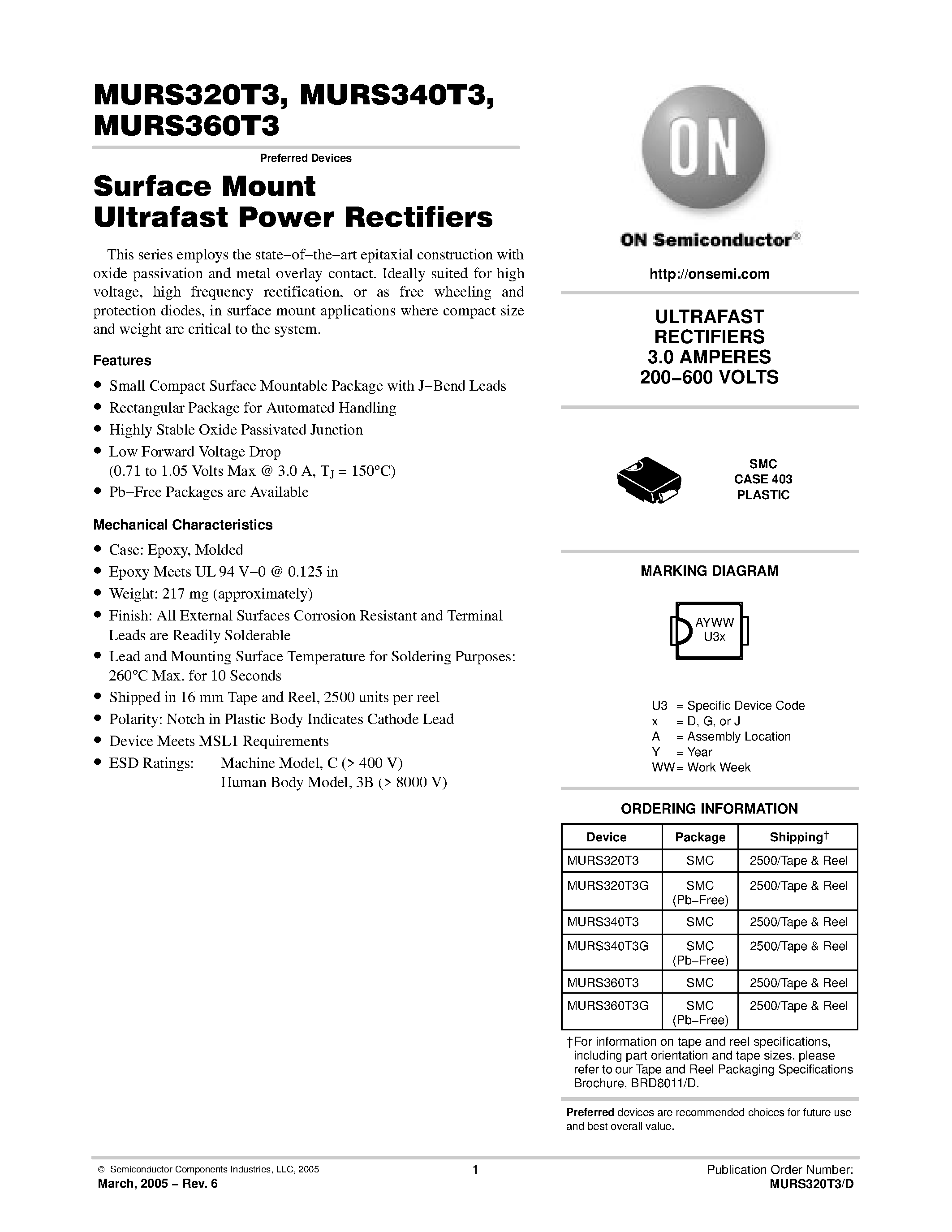 Datasheet MURS320T3 - (MURS320T3 / MURS340T3 / MURS360T3) Surface Mount Ultrafast Power Rectifiers page 1