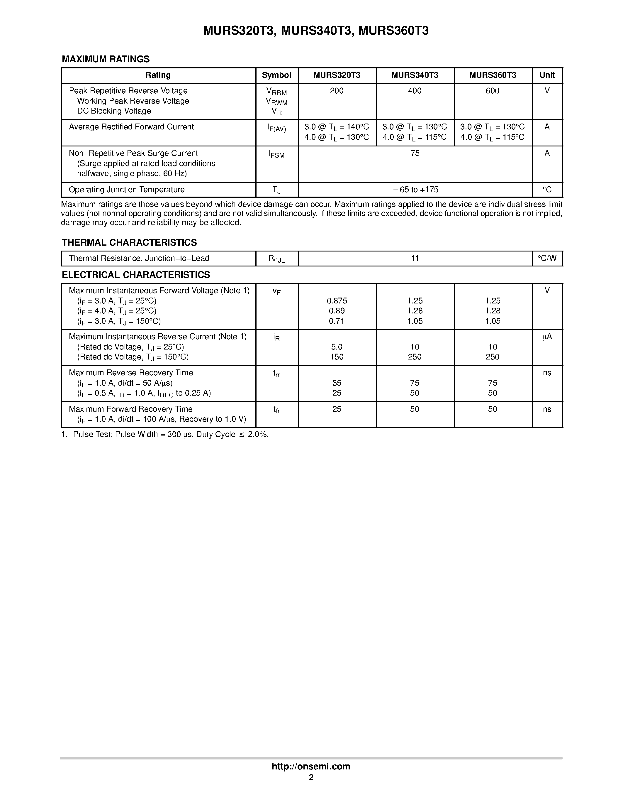Datasheet MURS320T3 page 2 Datasheet MURS320T3 - (MURS320T3 / MURS340T3 / MURS360T3) Surface Mount Ultrafast Power Rectifiers page 2