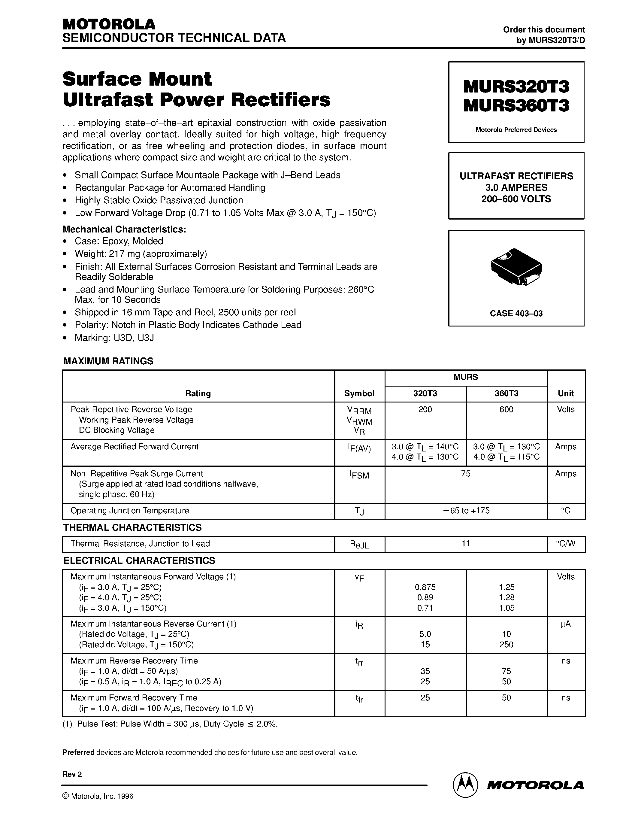 Datasheet MURS320T3 - (MURS320T3 / MURS360T3) ULTRAFAST RECTIFIERS 3.0 AMPERES 200-600 VOLTS page 1