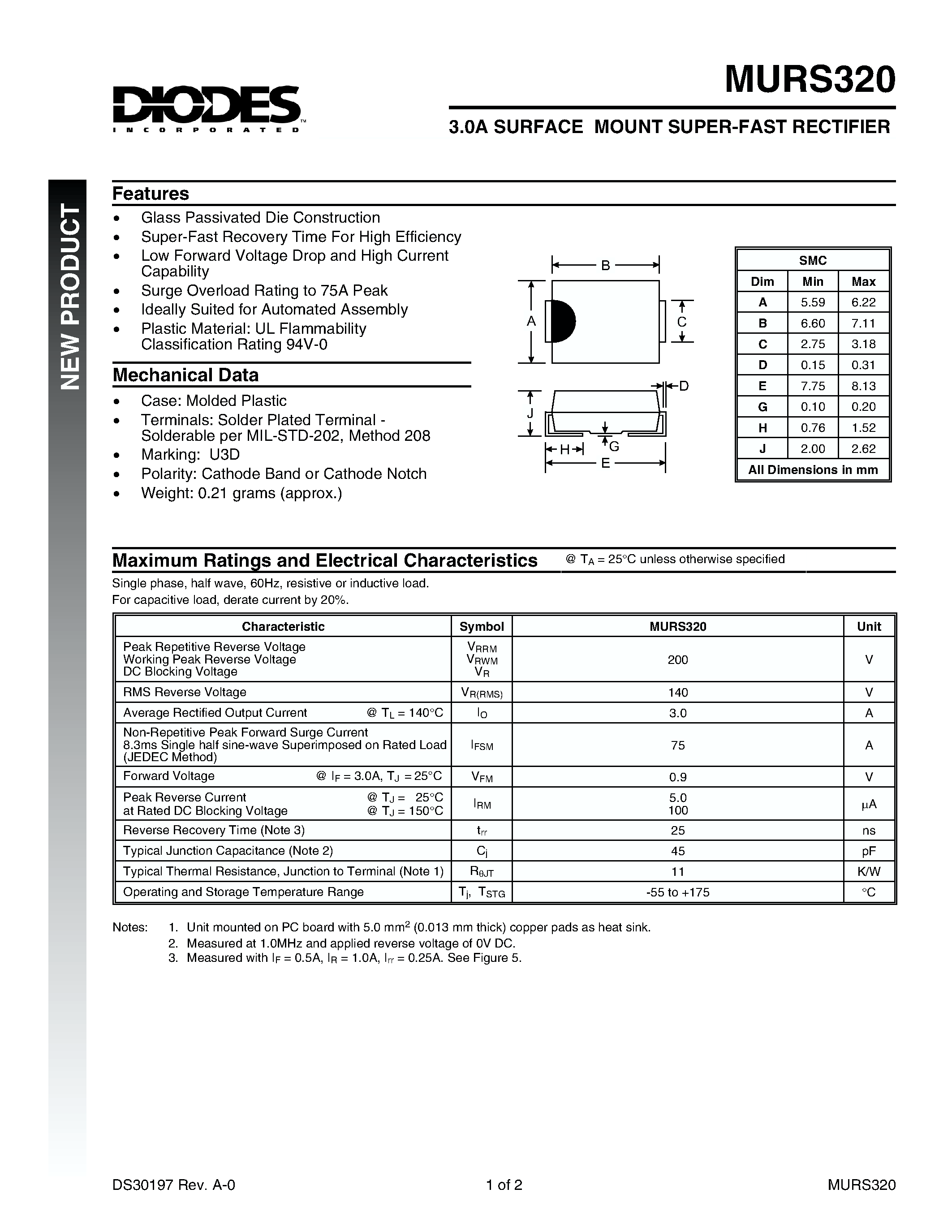 Datasheet MURS320 - 3.0A SURFACE MOUNT SUPER-FAST RECTIFIER page 1