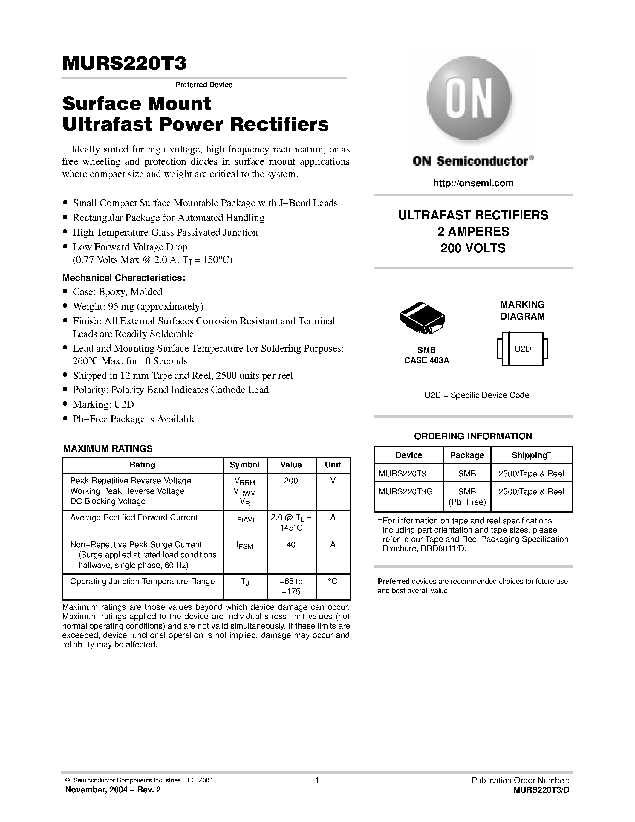 Datasheet MURS220T3 page 1 Datasheet MURS220T3 - Surface Mount Ultrafast Power Rectifiers page 1