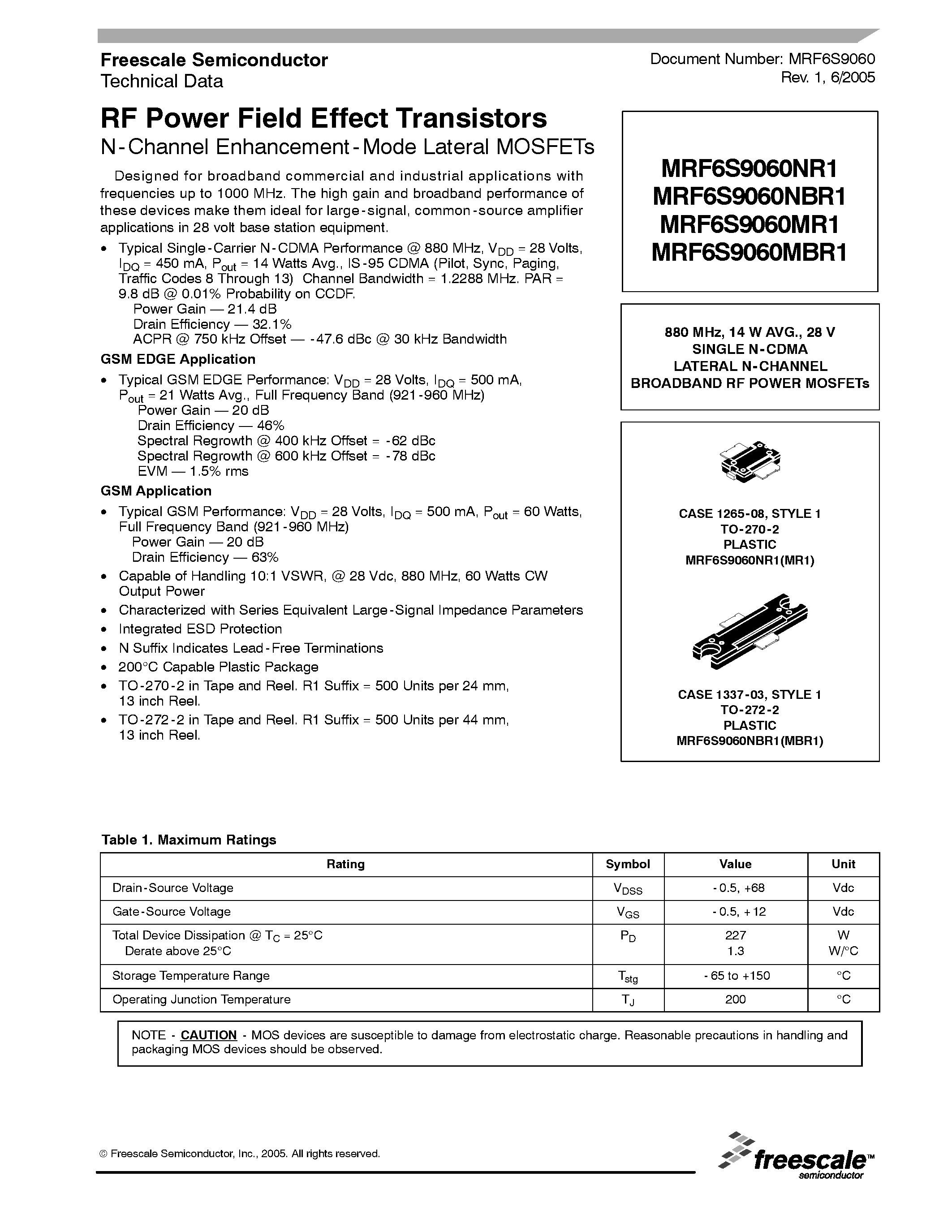 Datasheet MRF6S9060 - RF Power Field Effect Transistors page 1