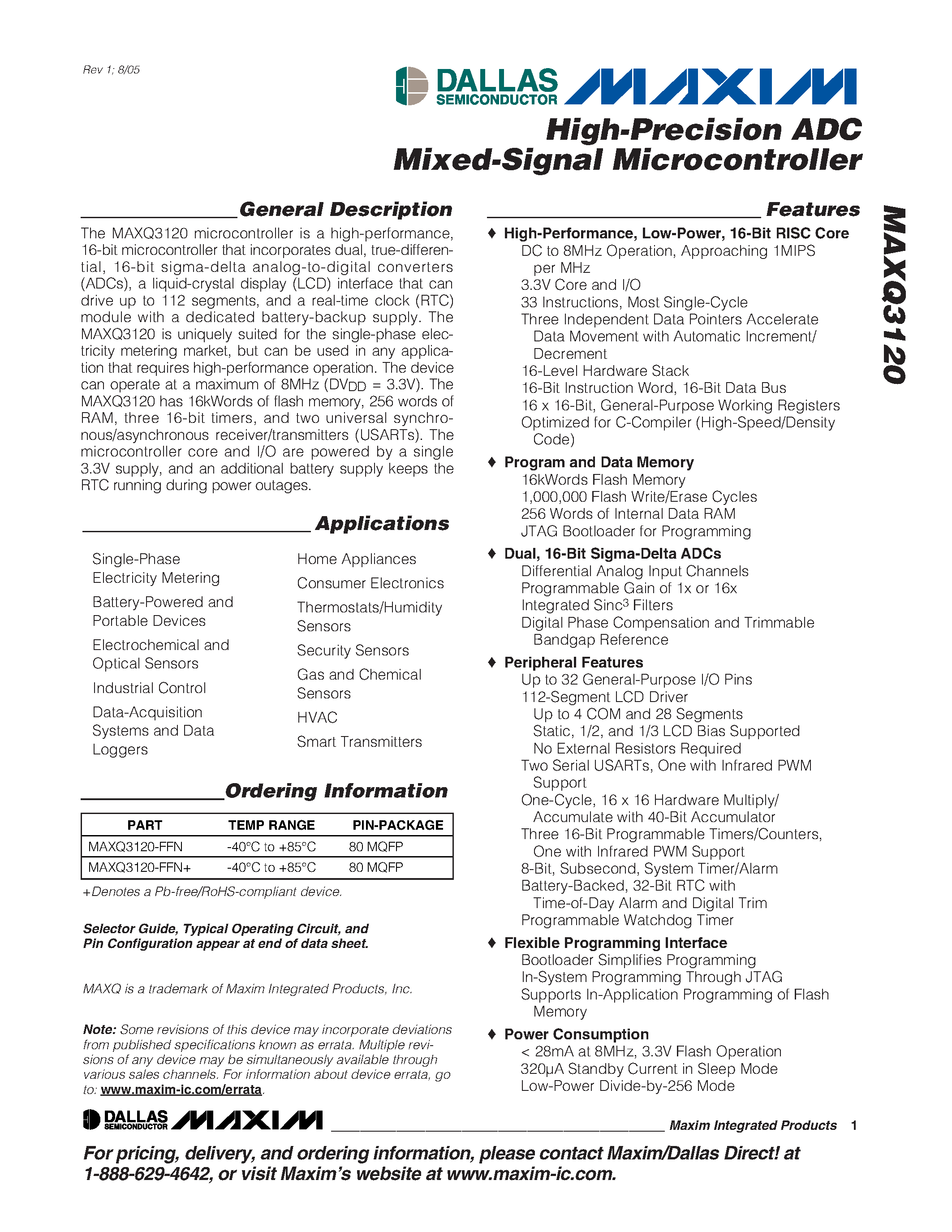 Datasheet MAXQ3120 - High-Precision ADC Mixed-Signal Microcontroller page 1