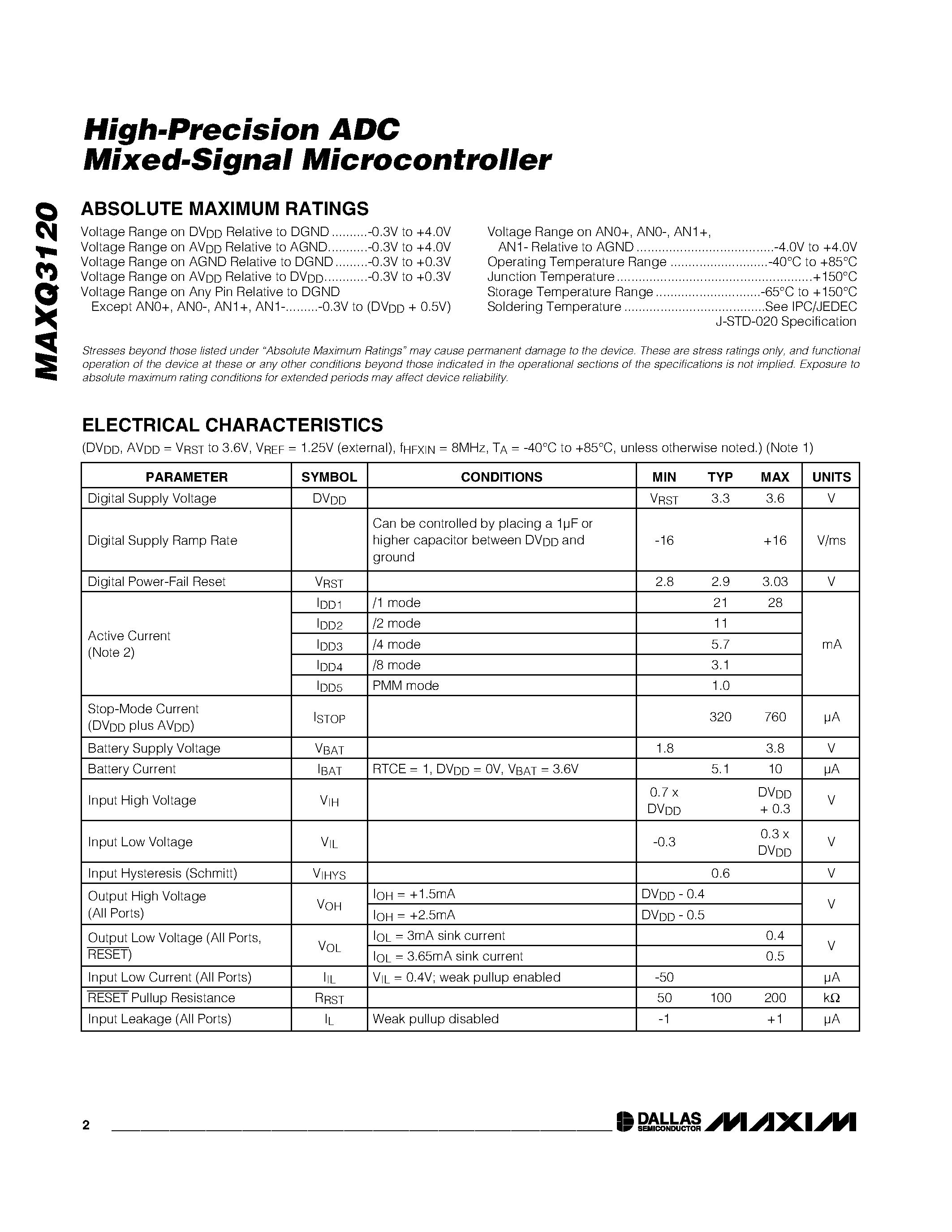 Datasheet MAXQ3120 - High-Precision ADC Mixed-Signal Microcontroller page 2