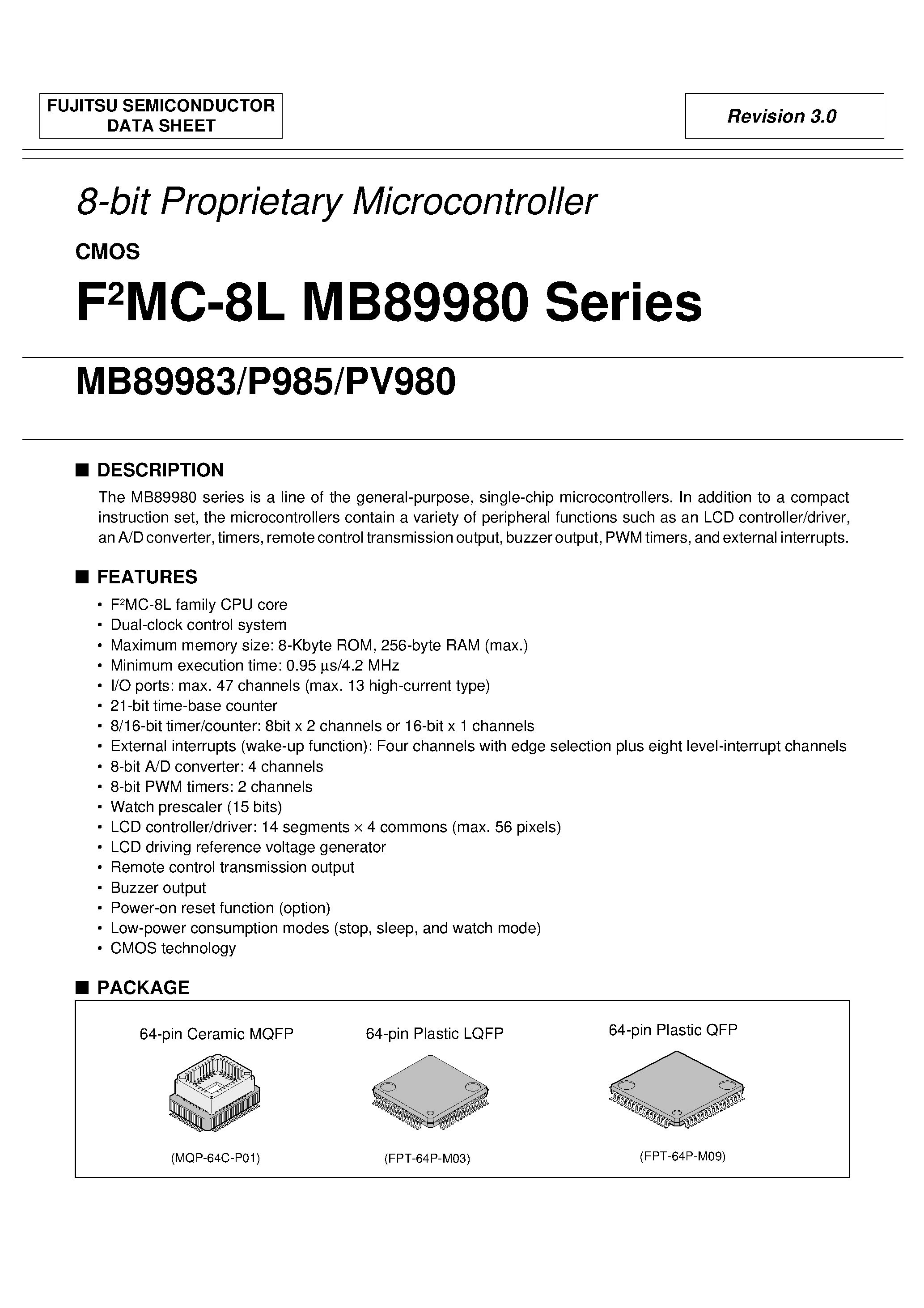 Datasheet MB8998x page 1 Datasheet MB8998x - 8-bit Proprietary Microcontroller page 1