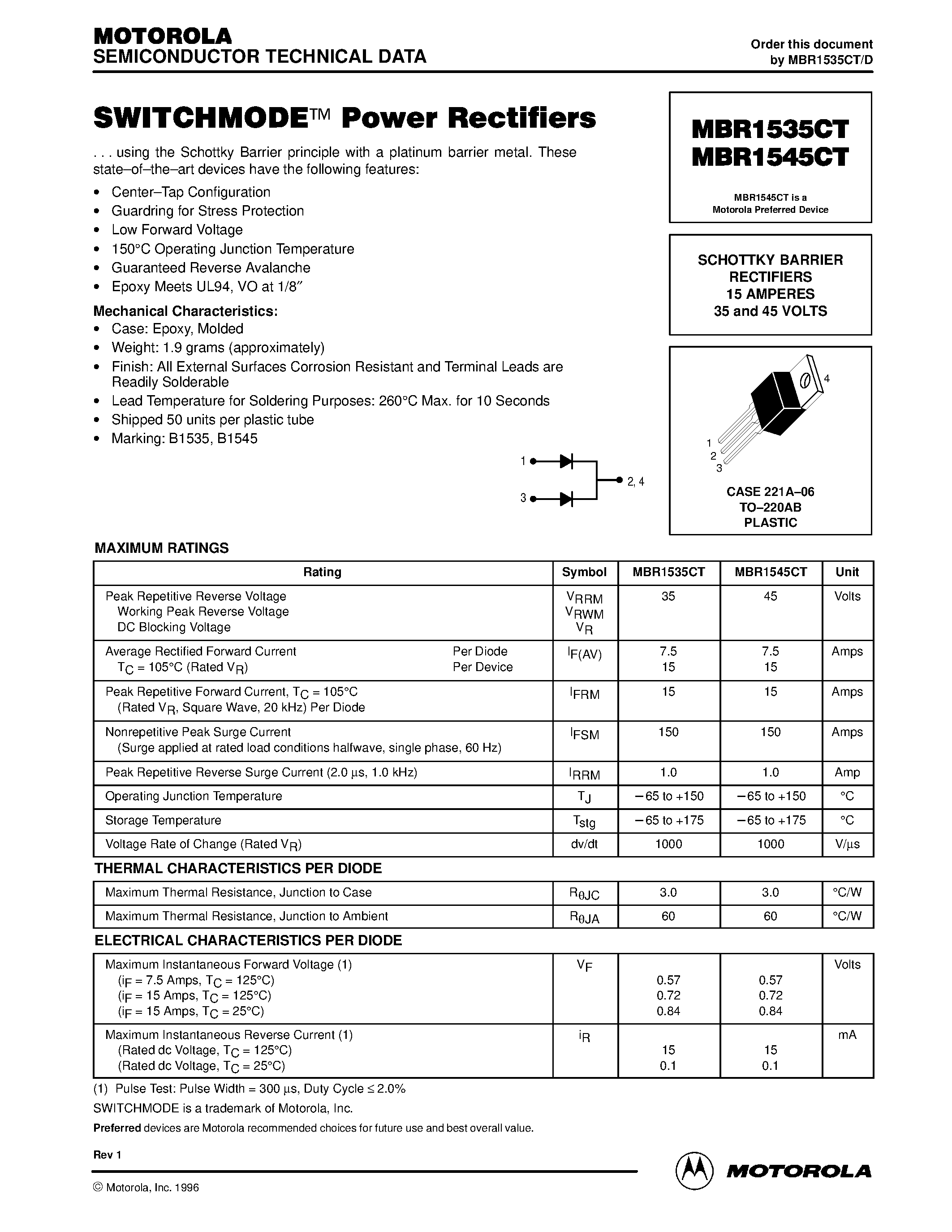 Datasheet MBR1545CT page 1 Datasheet MBR1545CT - SWITCHMODE Power Rectifiers page 1