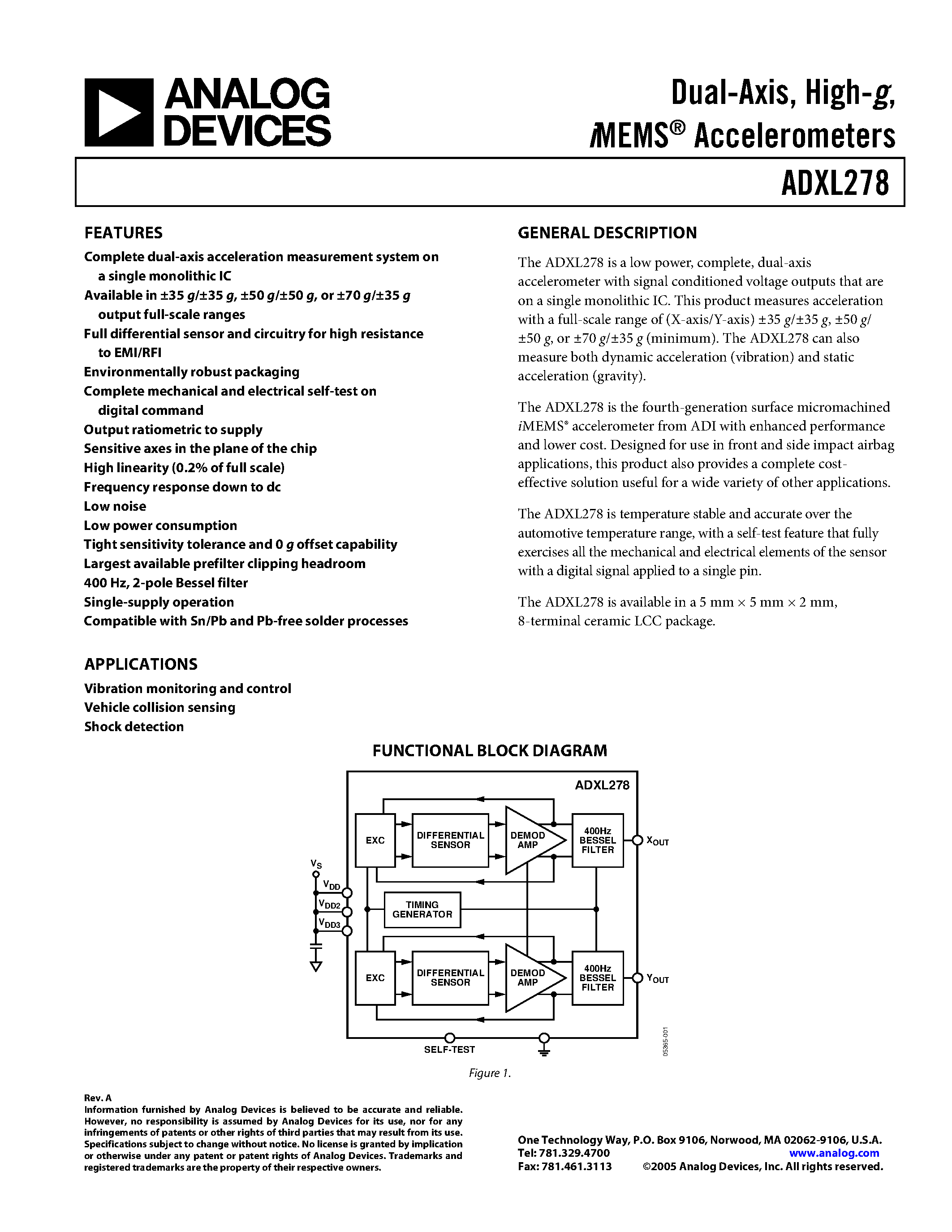 Datasheet ADXL278 - Dual-Axis / High-g / MEMS Accelerometers page 1