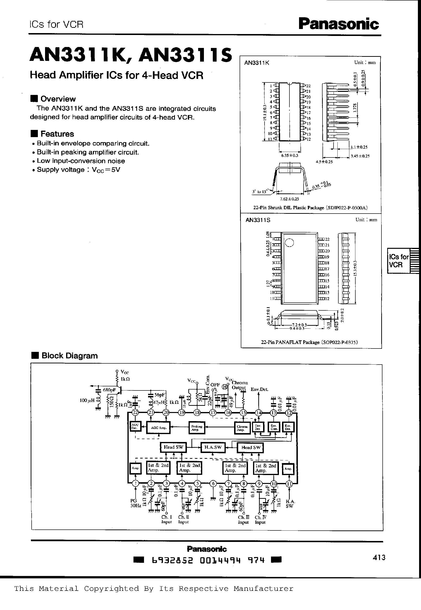 Datasheet AN3311 - Head Amplifier ICs for 4-Head VCR page 1