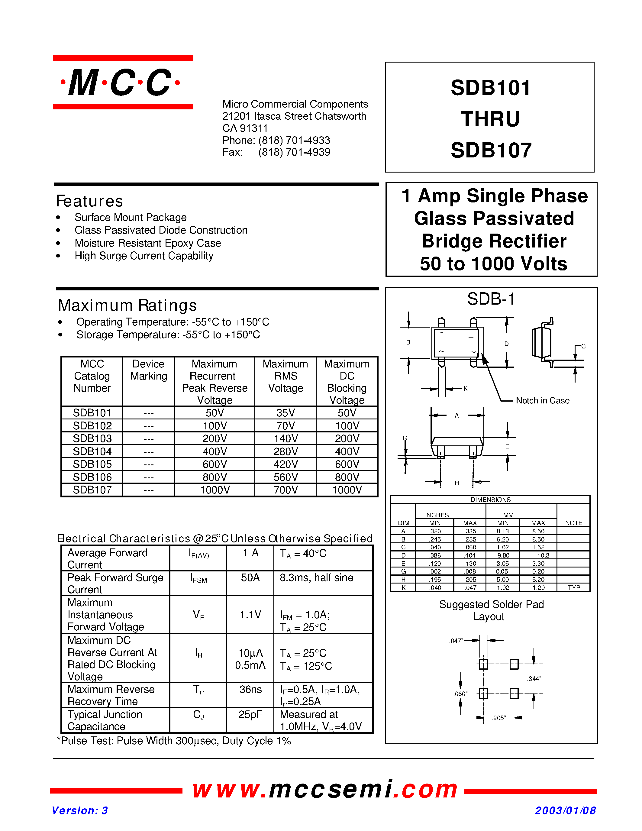 Datasheet SDB101 - (SDB101 - SDB107) 1 Amp Single Phase Glass Passivated Bridge Rectifier 50 to 1000 Volts page 1