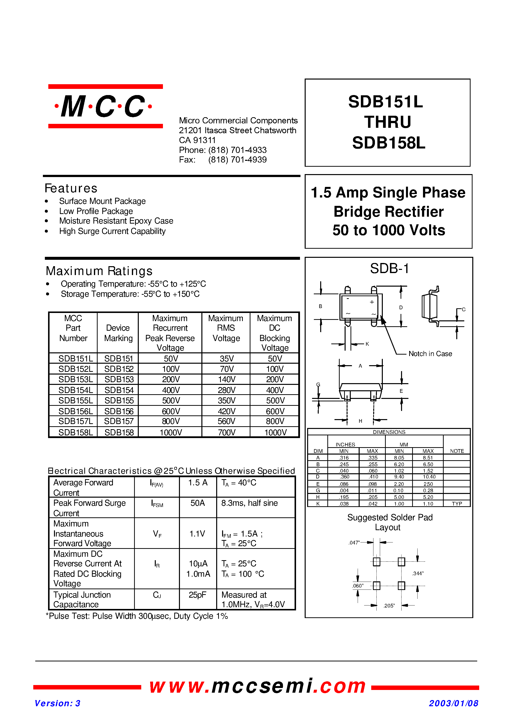 Datasheet SDB151L - (SDB151L - SDB158L) 1.5 Amp Single Phase Bridge Rectifier 50 to 1000 Volts page 1