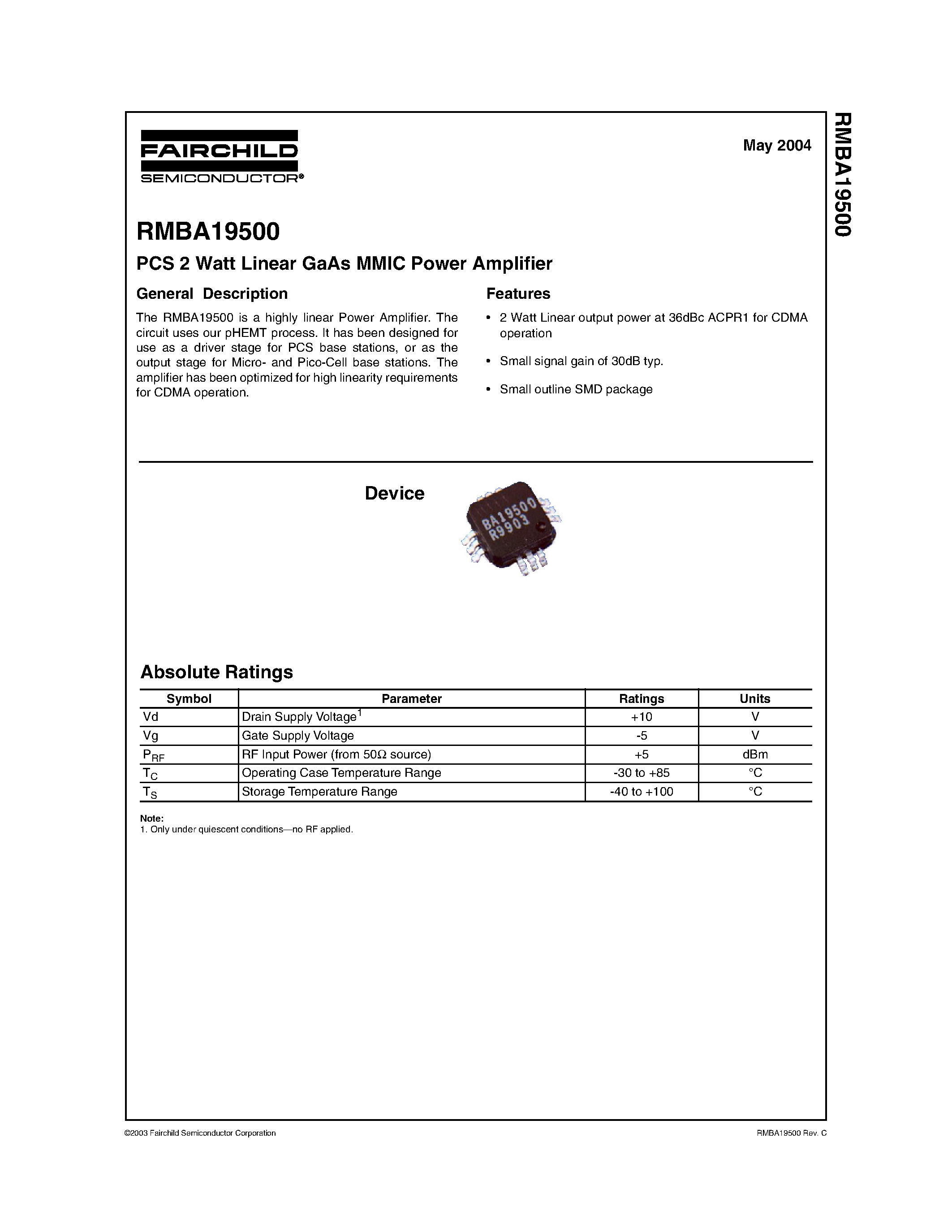 Datasheet RMBA19500 - PCS 2 Watt Linear GaAs MMIC Power Amplifier page 1