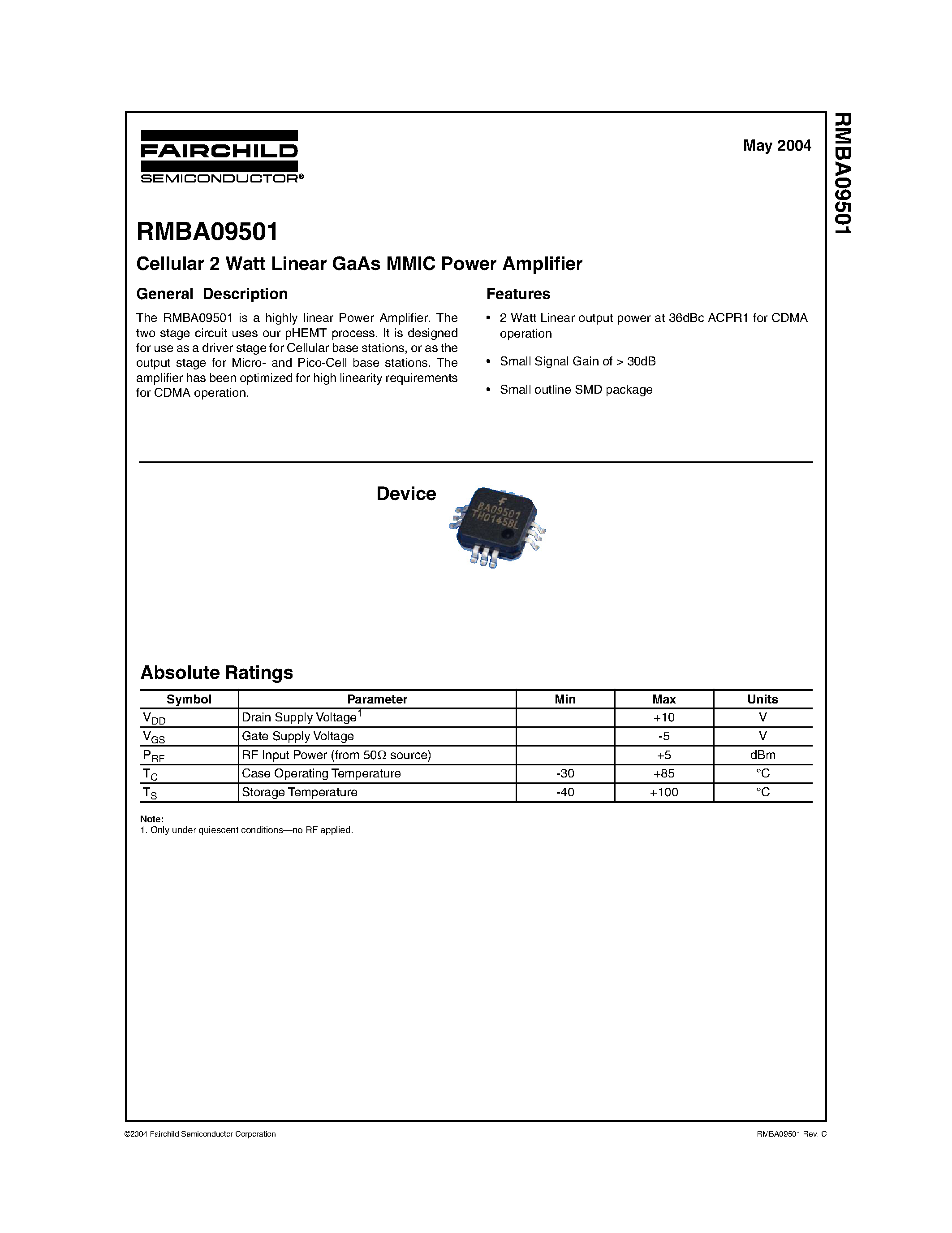 Datasheet RMBA09501 page 1 Datasheet RMBA09501 - Cellular 2 Watt Linear GaAs MMIC Power Amplifier page 1