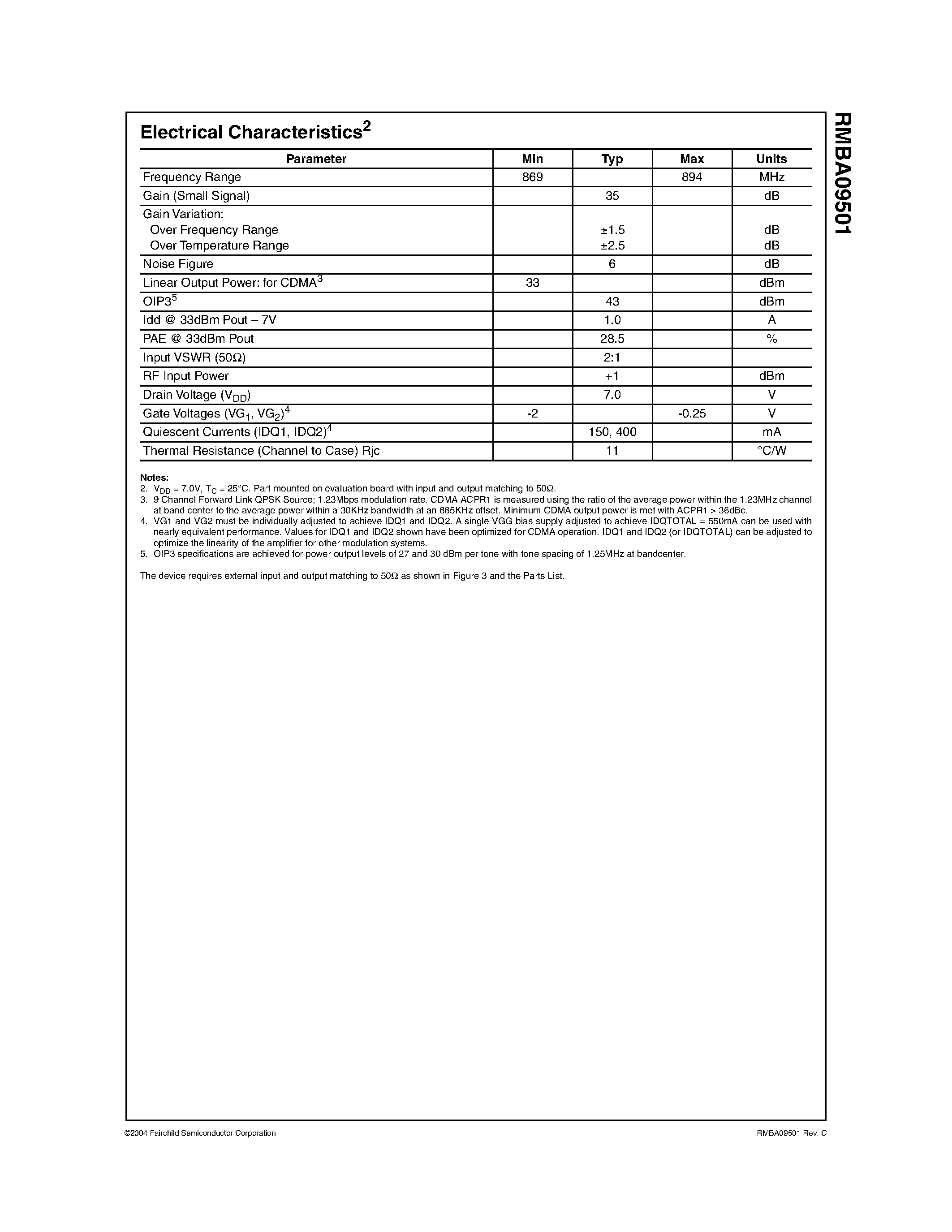 Datasheet RMBA09501 page 2 Datasheet RMBA09501 - Cellular 2 Watt Linear GaAs MMIC Power Amplifier page 2