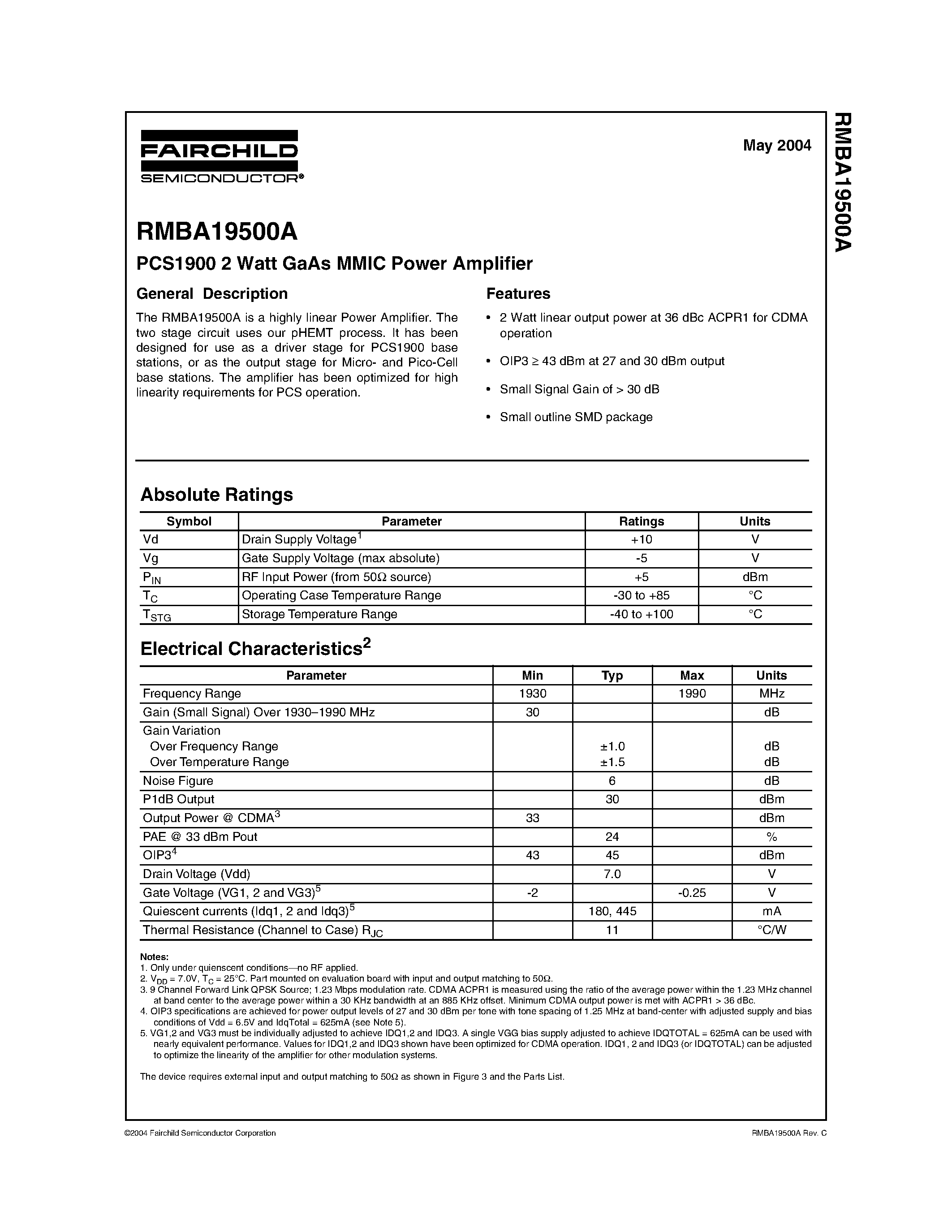 Datasheet RMBA19500A page 1 Datasheet RMBA19500A - PCS1900 2 Watt GaAs MMIC Power Amplifier page 1