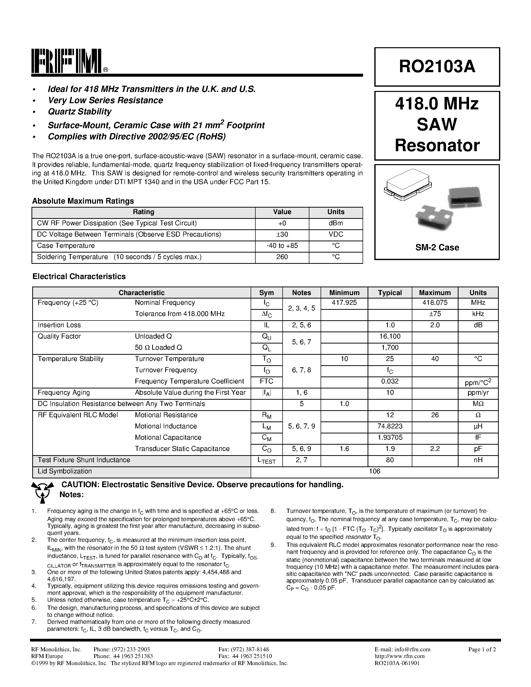 Datasheet RO2103A page 1 Datasheet RO2103A - 418.0 MHz SAW Resonator page 1