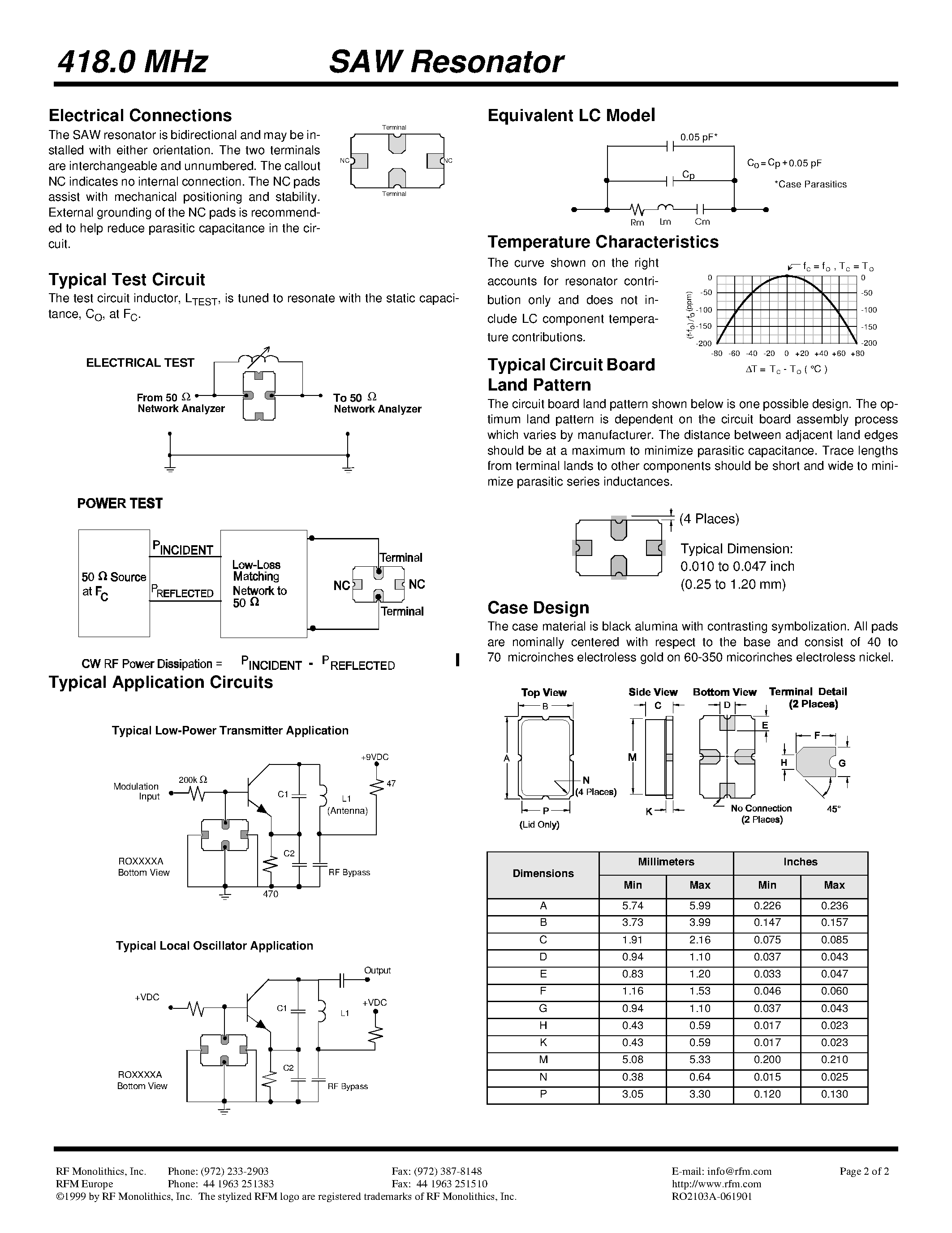 Datasheet RO2103A page 2 Datasheet RO2103A - 418.0 MHz SAW Resonator page 2
