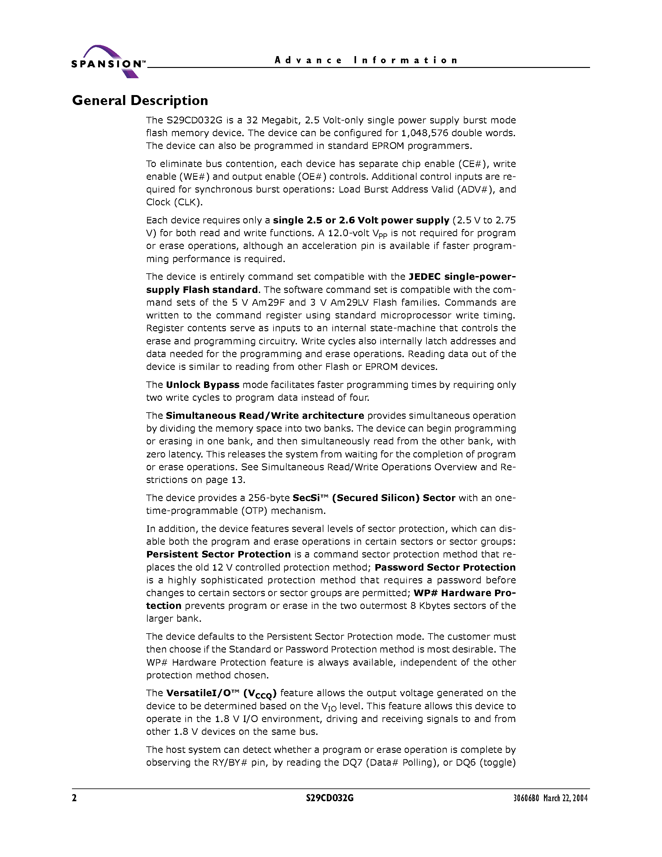 Datasheet S29CD032G page 2 Datasheet S29CD032G - CMOS 2.5 VOLT ONLY BURST MODE DUAL BOOT / SIMULTANEOUS READ /WRITE FLASH MEMORY page 2