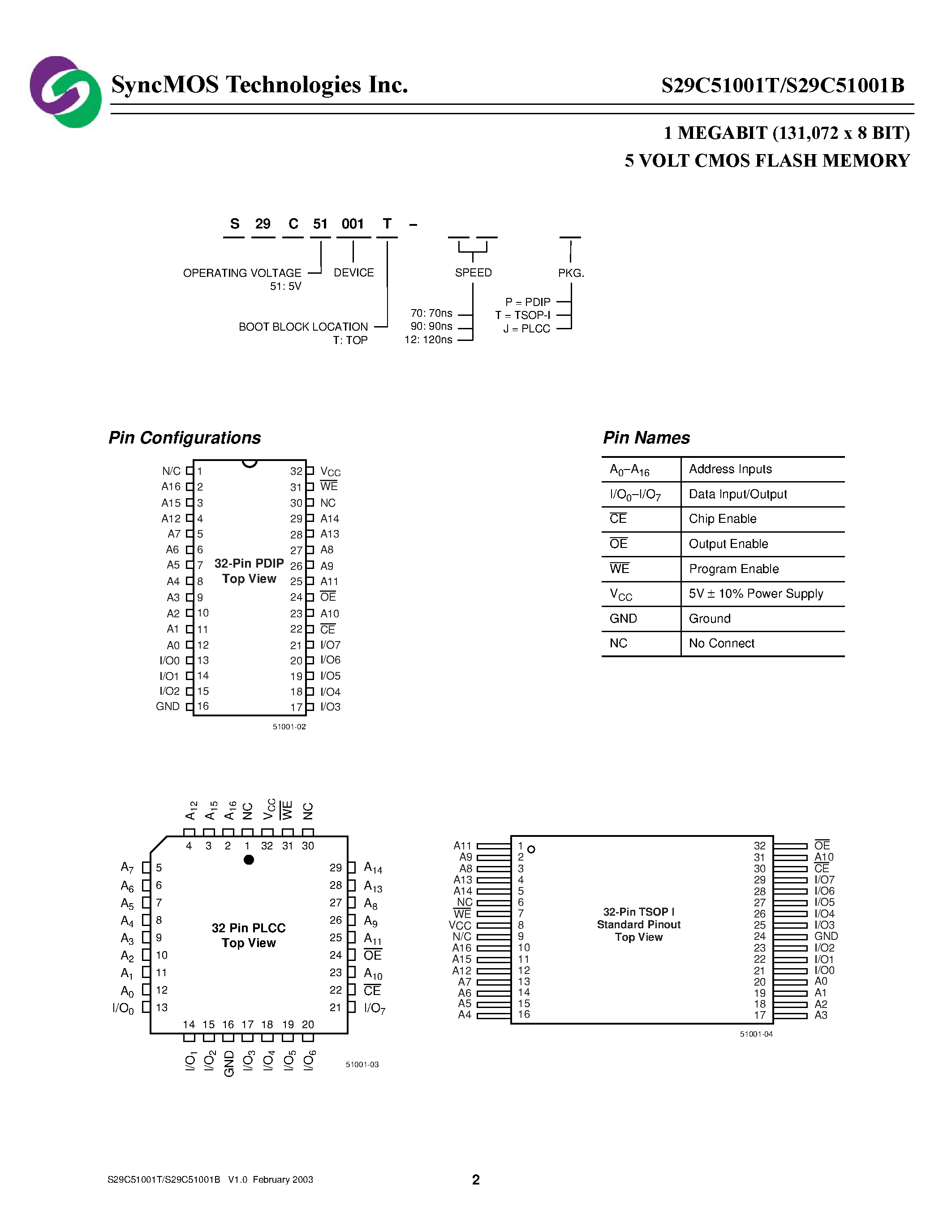 Datasheet S29C51001 - 1 MEGABIT (131072 x 8 BIT) 5 VOLT CMOS FLASH MEMORY page 2