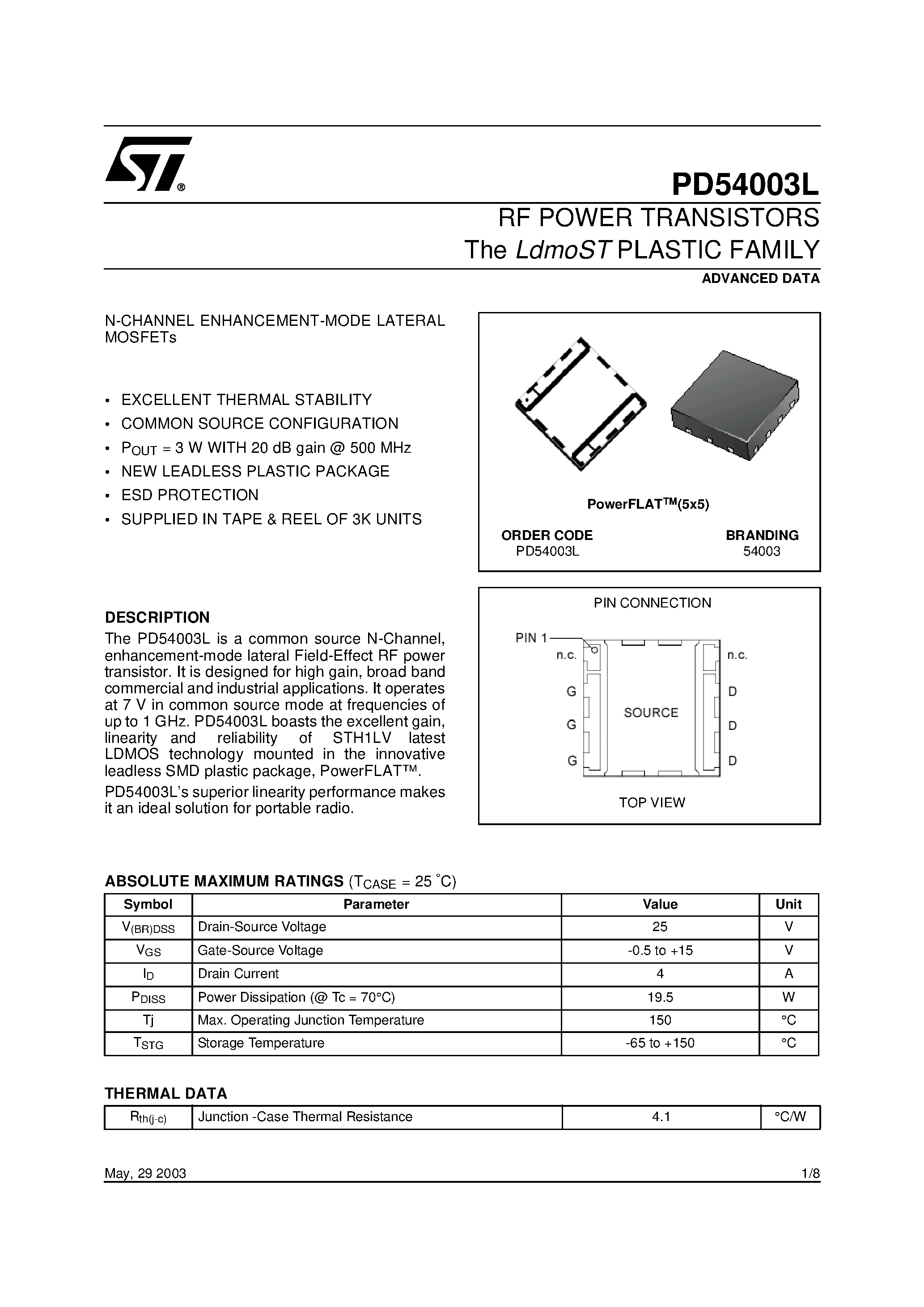 Datasheet PD54003L - RF POWER TRANSISTORS The LdmoST PLASTIC FAMILY page 1